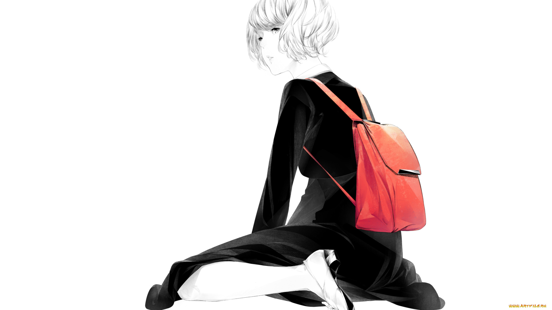 аниме, unknown, , другое, сидит, девушка, sawasawa, art, красный, рюкзак