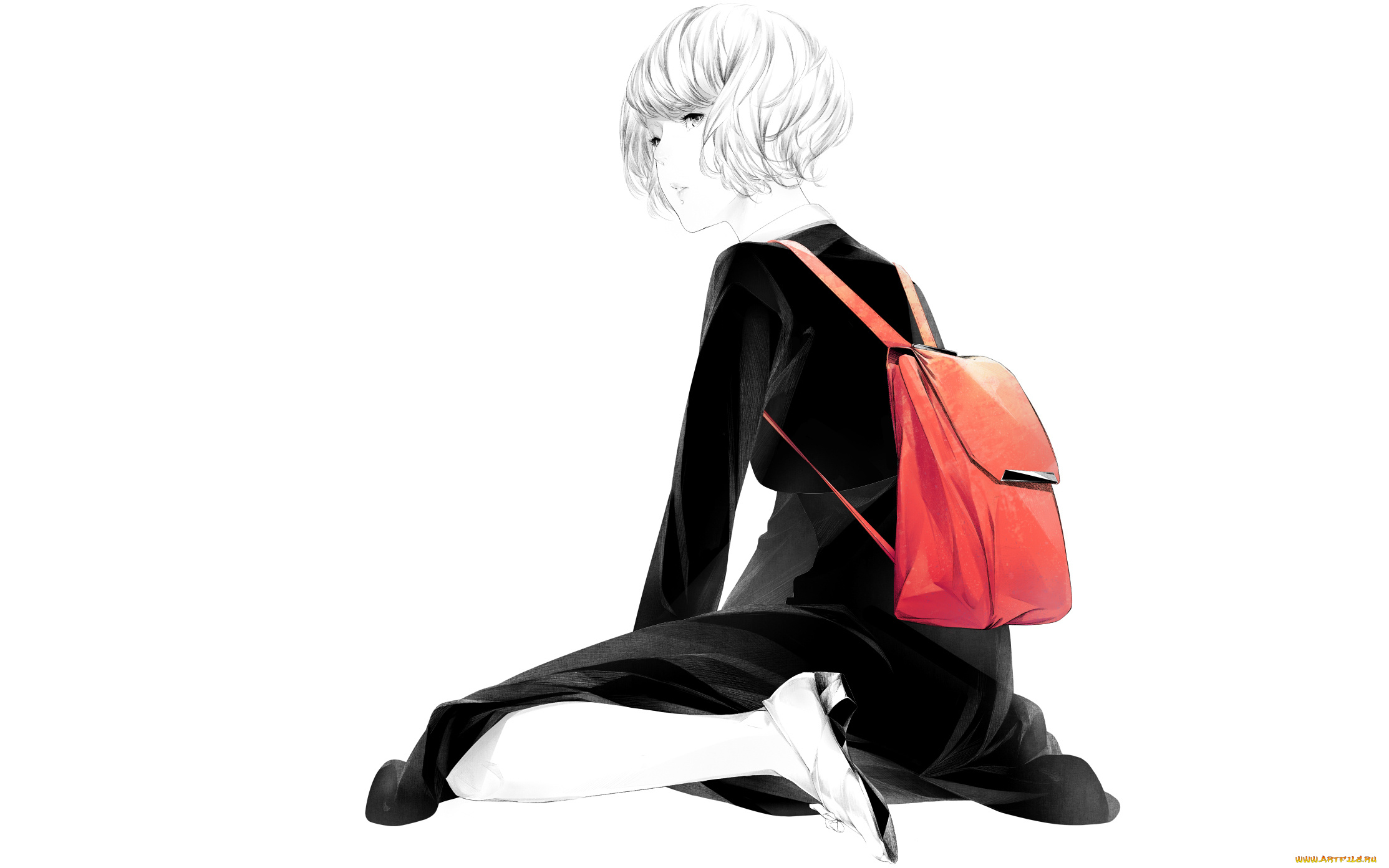 аниме, unknown, , другое, сидит, девушка, sawasawa, art, красный, рюкзак
