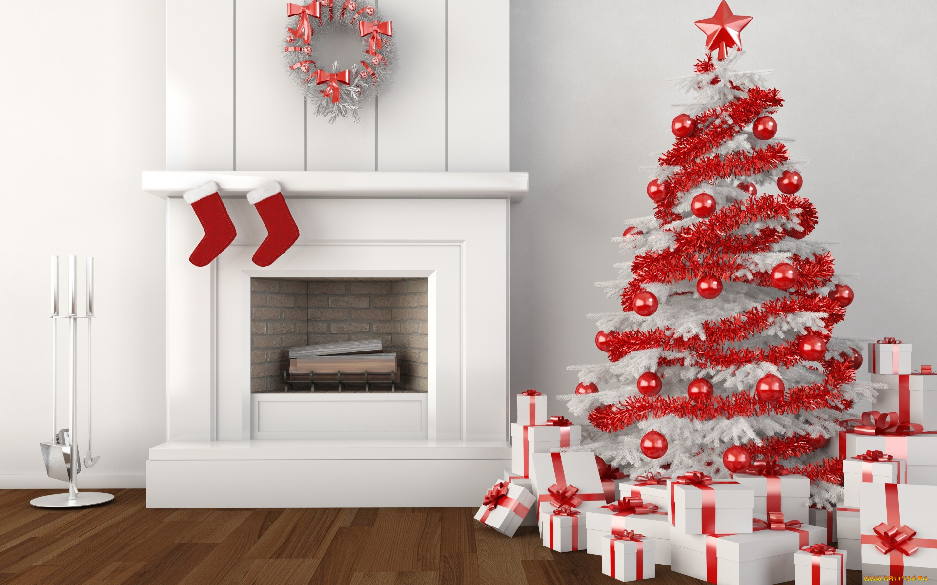 праздничные, новогодний, очаг, ленты, рождество, елки, венки, украшения, звезды, носки, элементы, дизайна, цветные, шары, маленькие, подарки, подарочные, коробки, камин