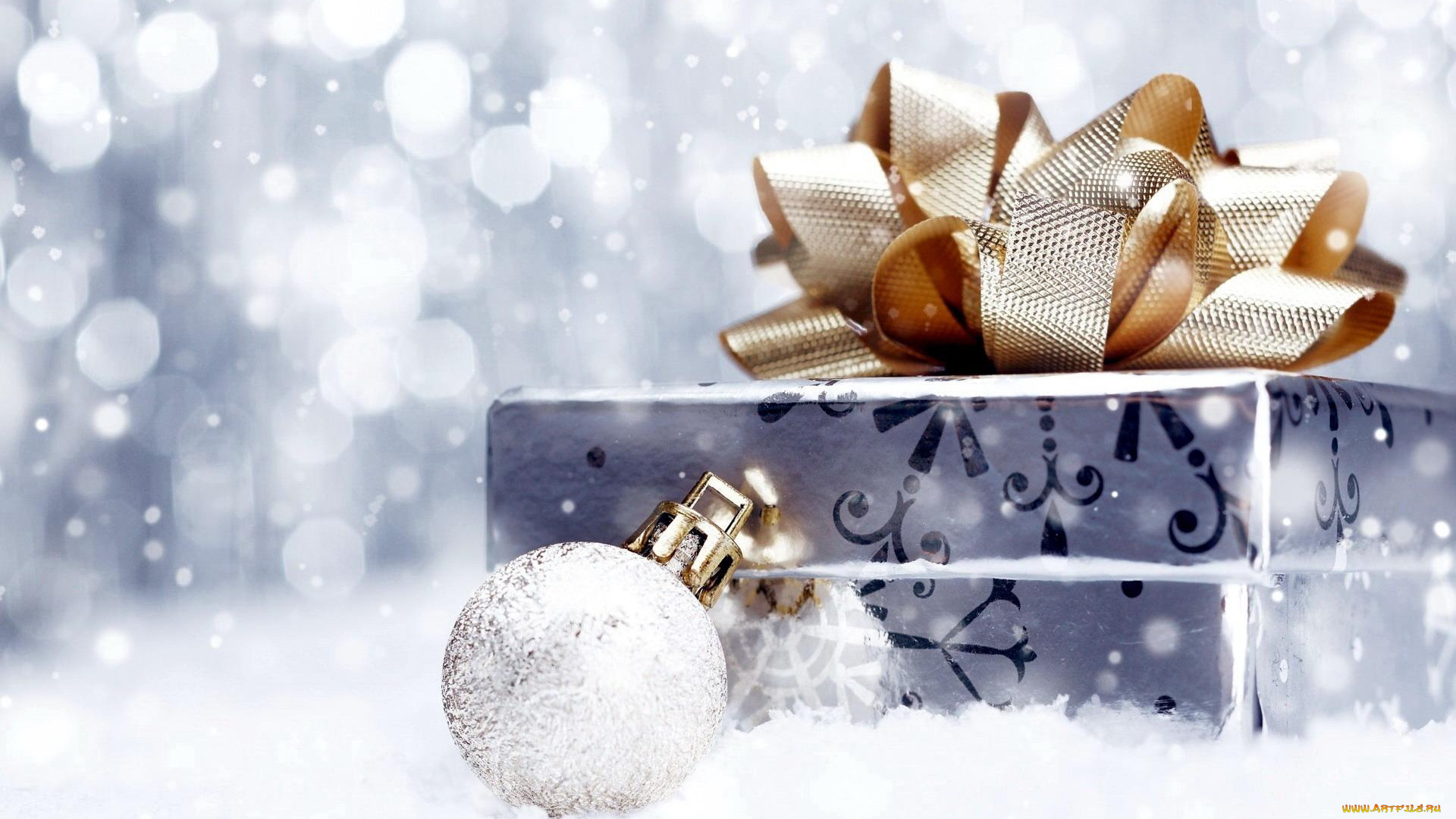 праздничные, подарки, и, коробочки, шарик, подарок, коробка, бант, блики, снег