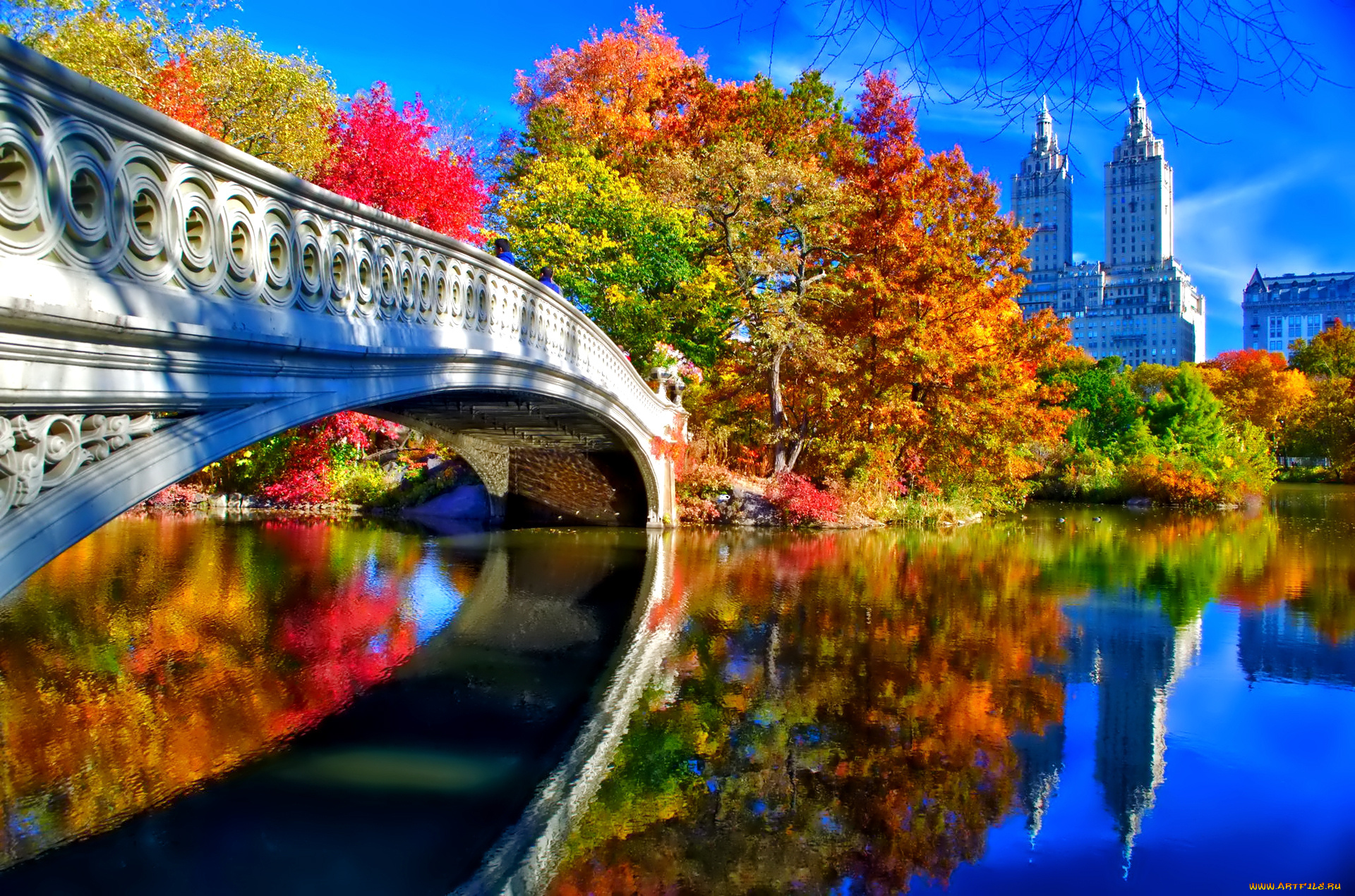 города, нью-йорк, , сша, небо, листья, осень, пейзаж, деревья, мост, центральный, парк, нью-йорк