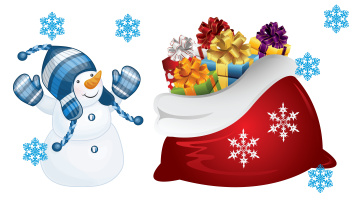 обоя праздничные, векторная графика , новый год, радость, новый, год, мешок, настроение, детская, арт, праздник, подарки, снежинка, снеговик