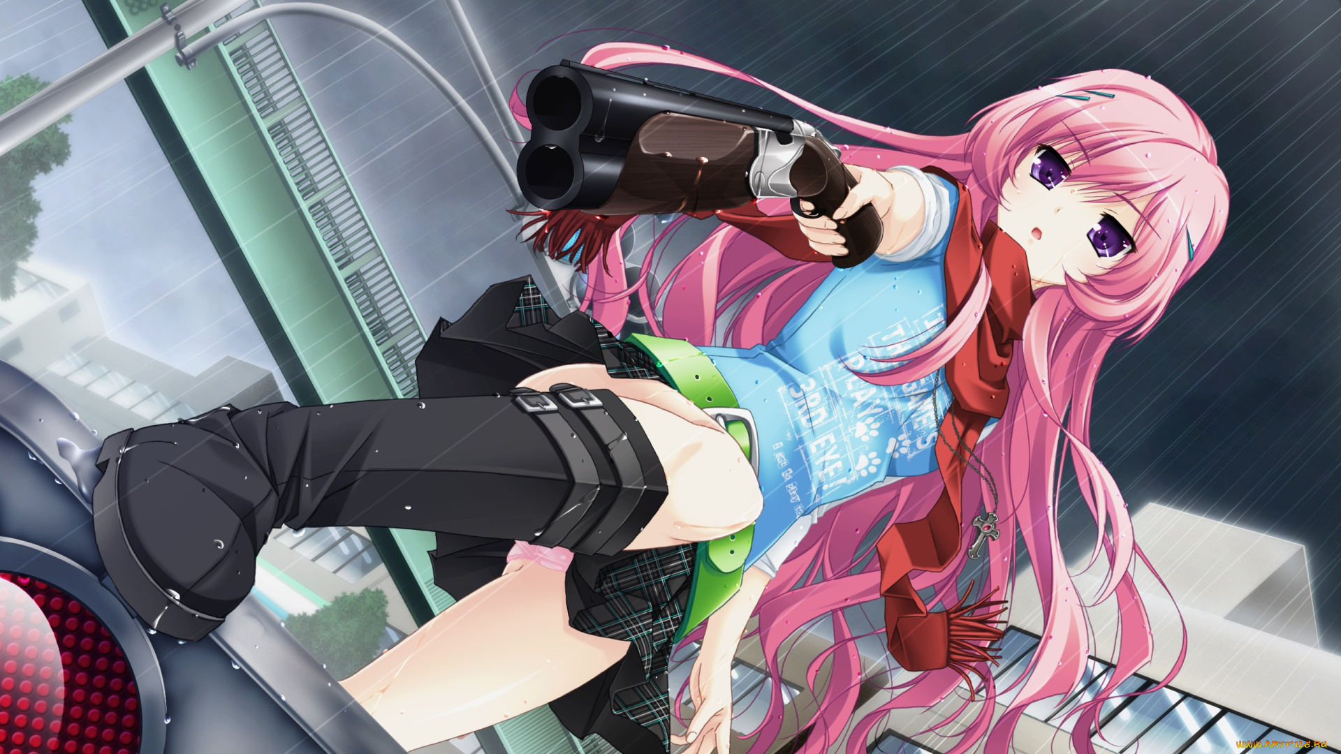 аниме, -weapon, , blood, &, technology, сапоги, дождь, шарф, девушка, волосы, розовые, оружие