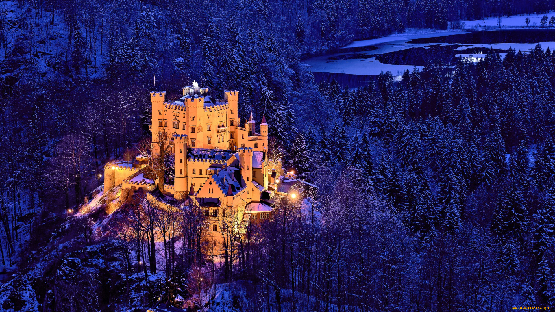 города, замки, германии, bavaria, germany, hohenschwangau, castle, зима, деревья, лес, замок, германия, бавария, хоэншвангау