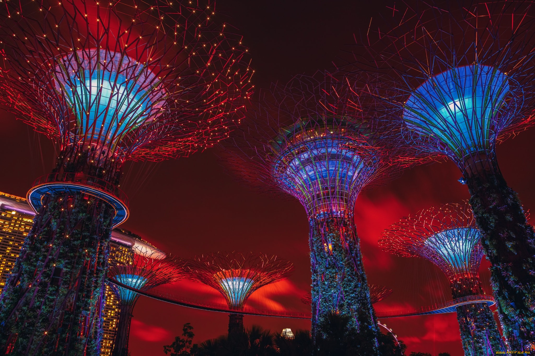 города, сингапур, , сингапур, фантастическая, архитектура, ночного