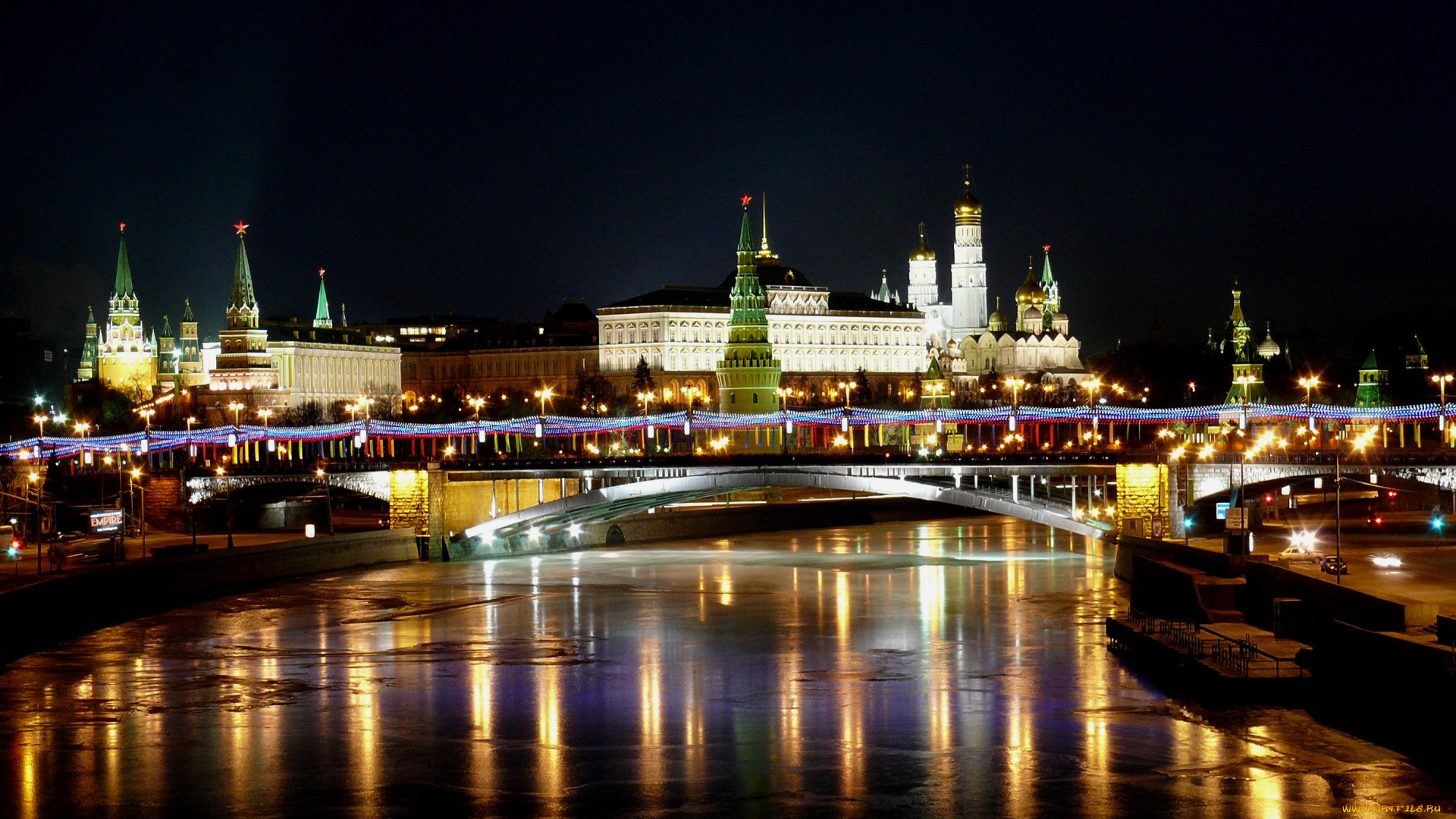 города, москва, , россия, кремль, река, мост, огни
