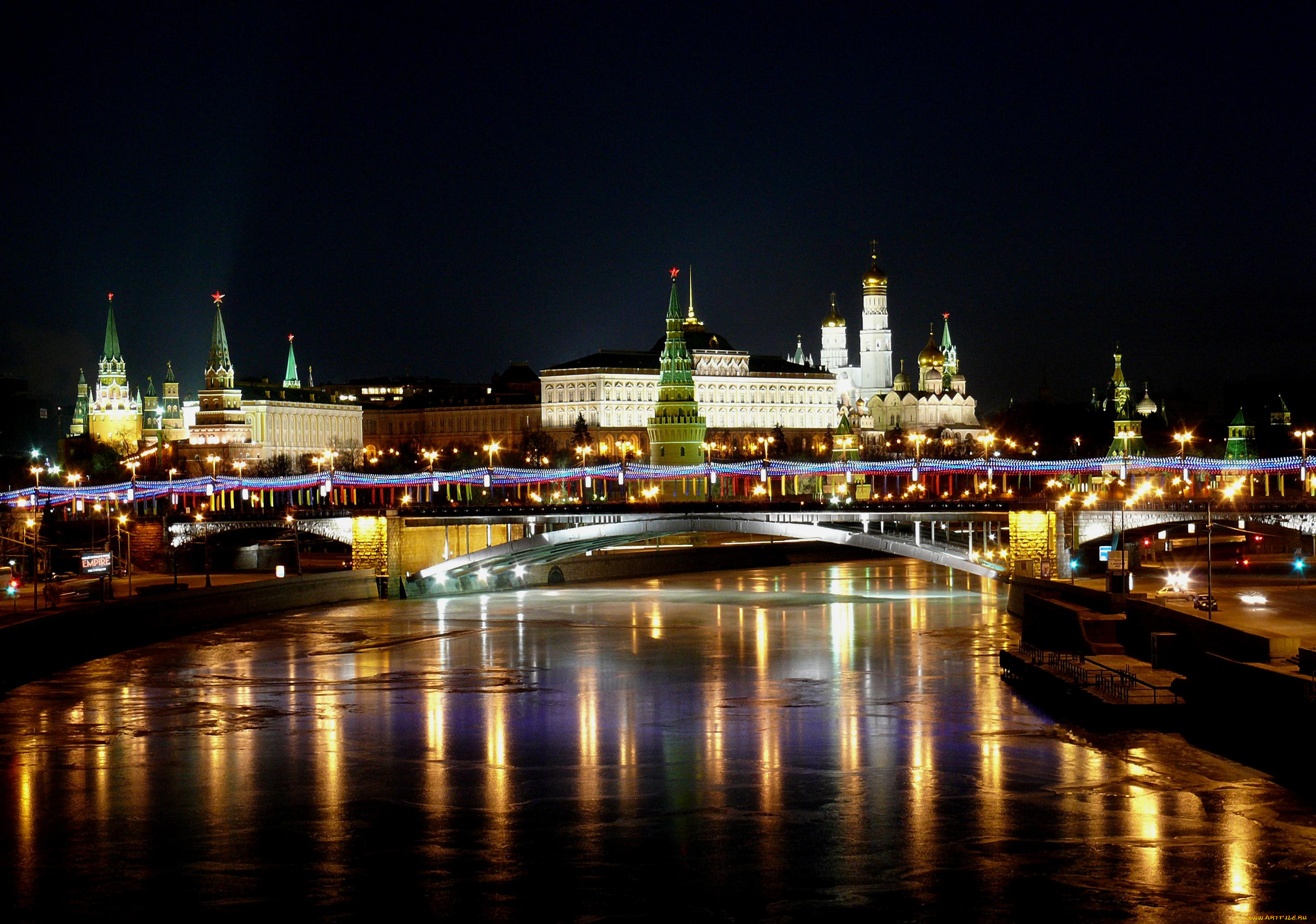города, москва, , россия, кремль, река, мост, огни