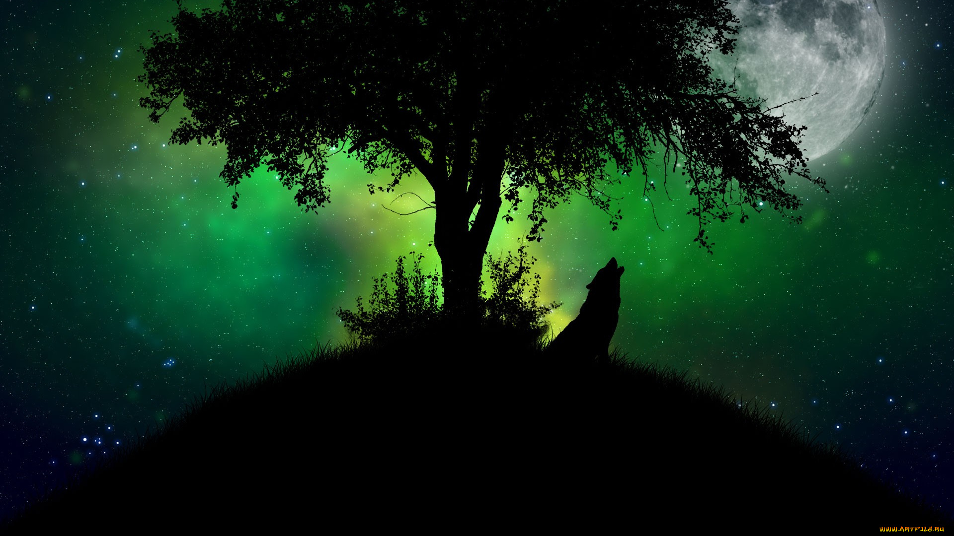 рисованные, животные, волки, дерево, ночь, луна