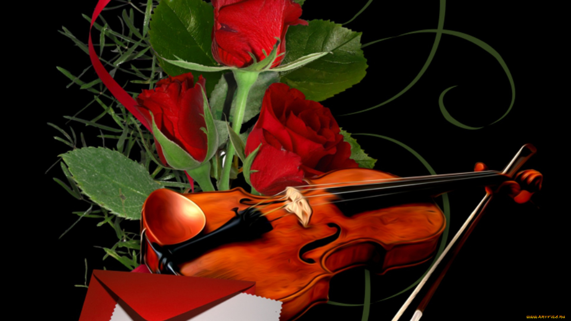 музыка, -музыкальные, инструменты, скрипка, смычок, розы