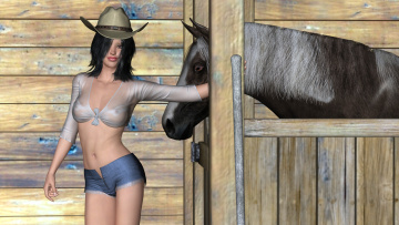 Картинка patsy+at+the+barn 3д+графика people+ люди девушка взгляд сарай лошадь фермер