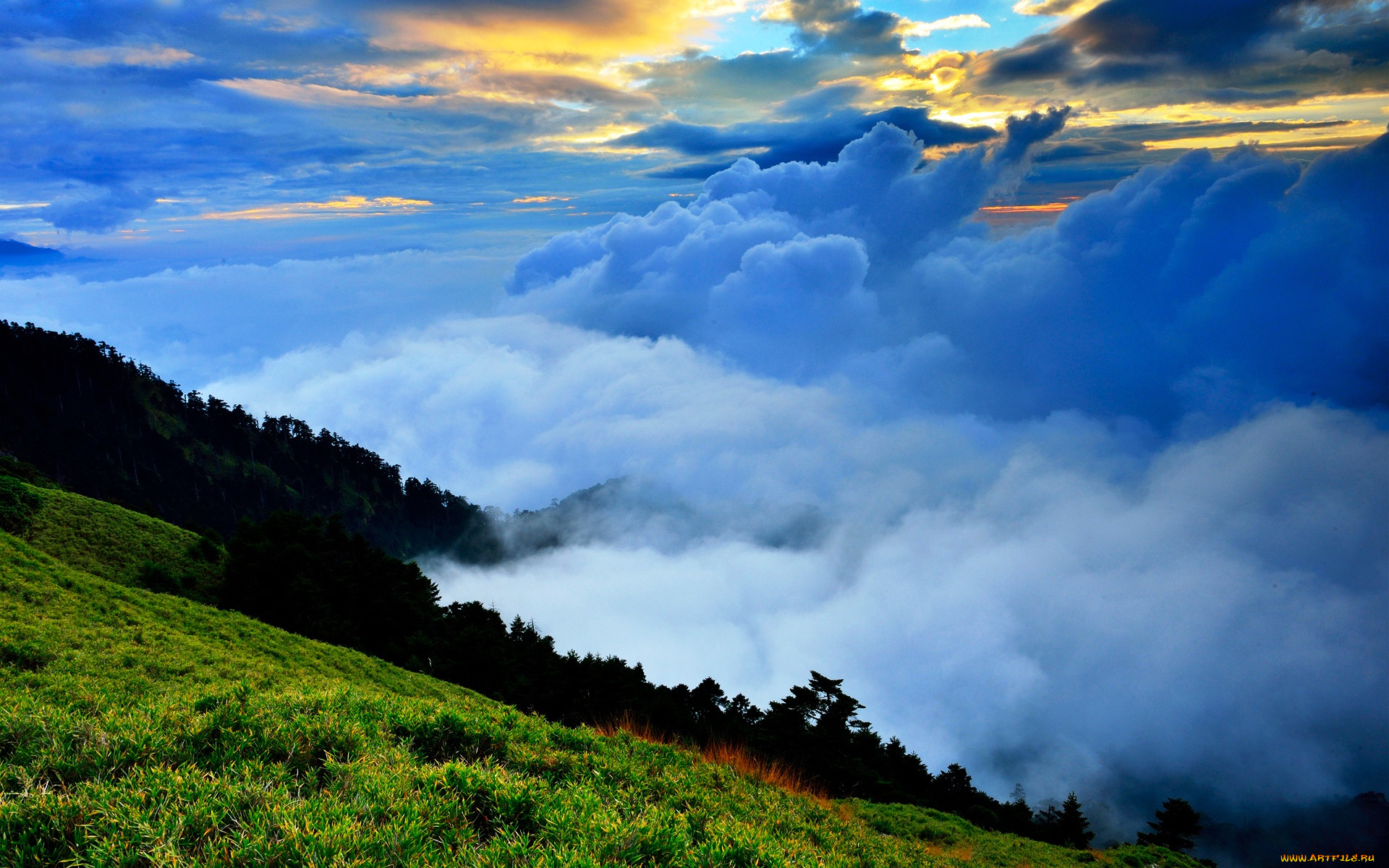 природа, облака, закат, небо, туман, склон, горы