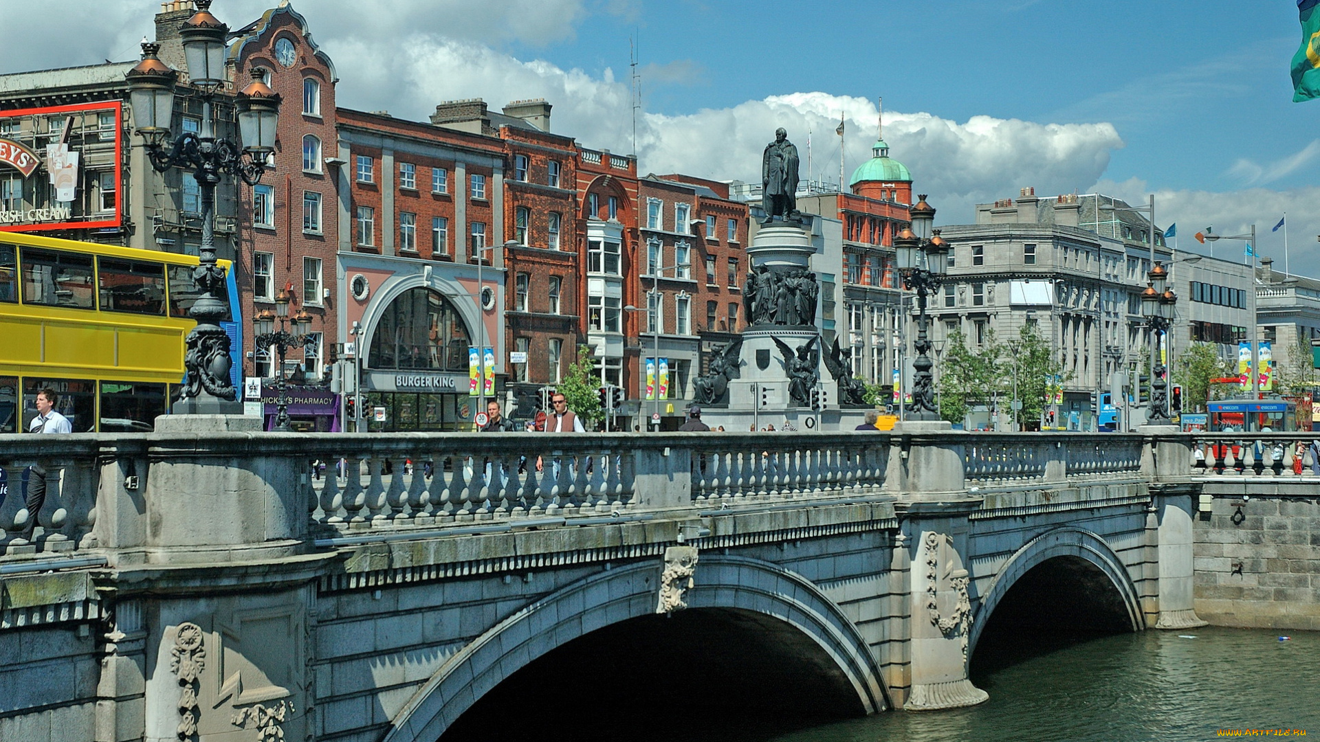 города, столицы, государств, река, мост, фонари, памятник, дома, дублин, ирландия