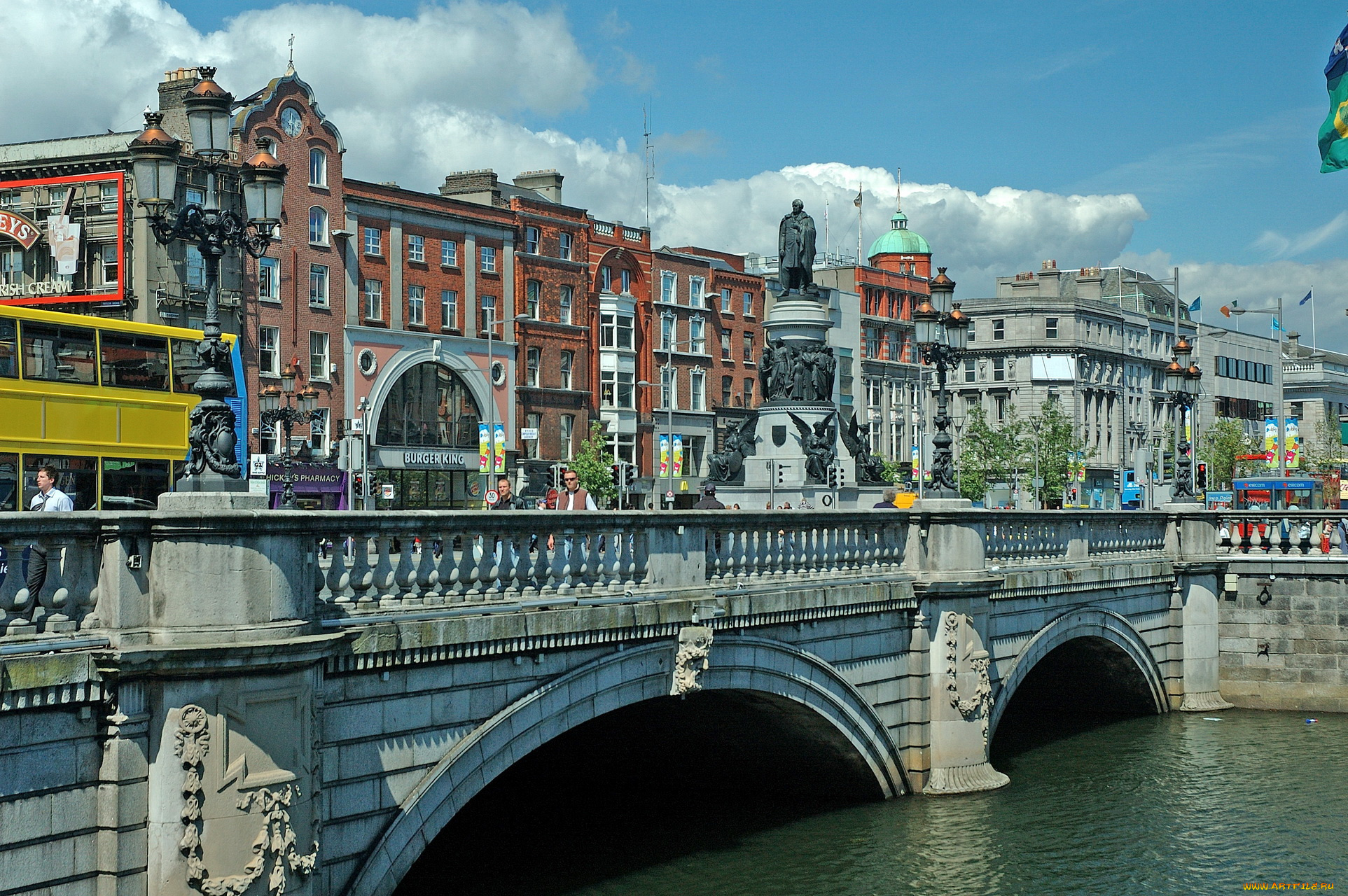 города, столицы, государств, река, мост, фонари, памятник, дома, дублин, ирландия