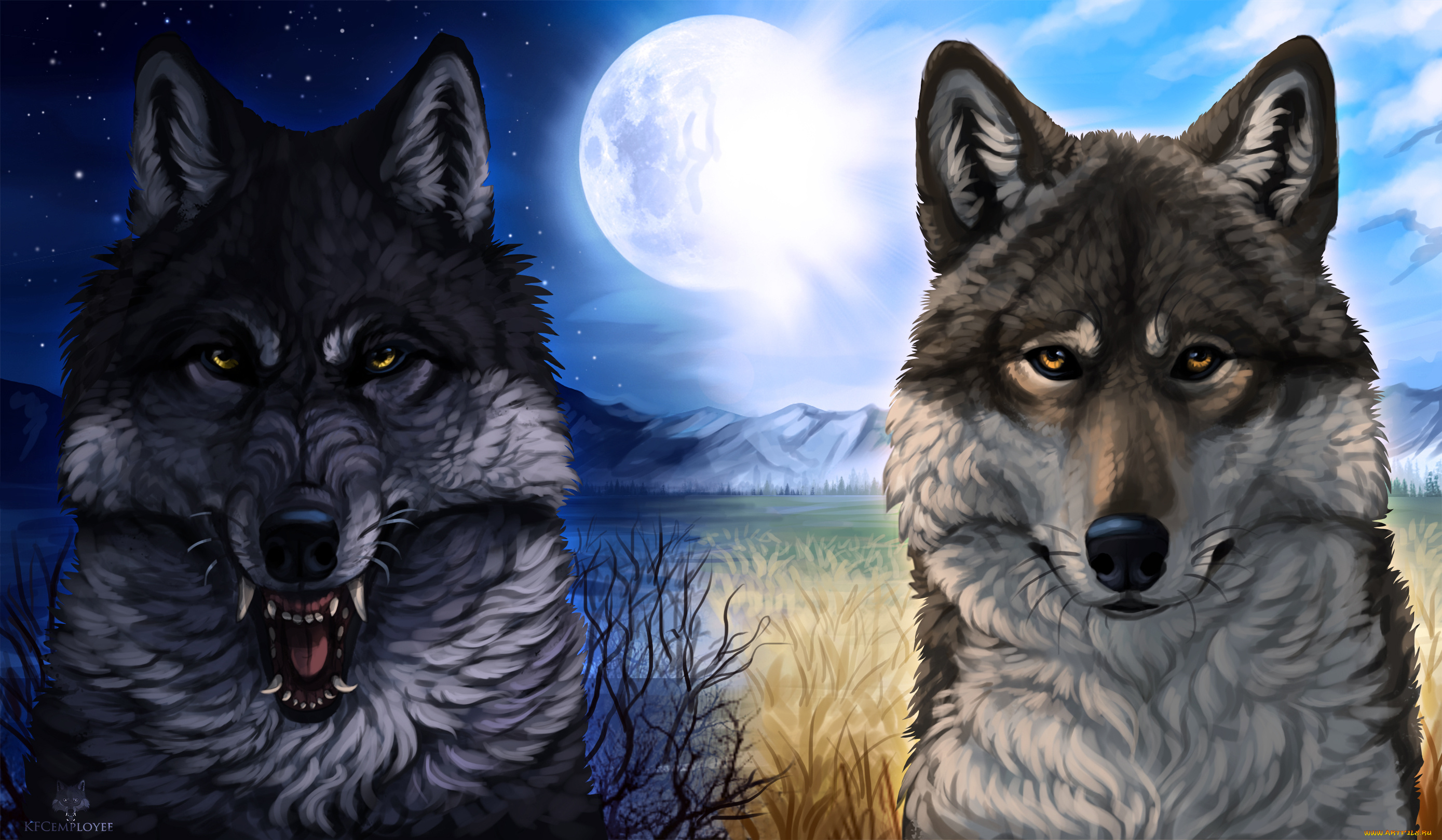 рисованное, животные, , волки, волки, луна, фон, взгляд