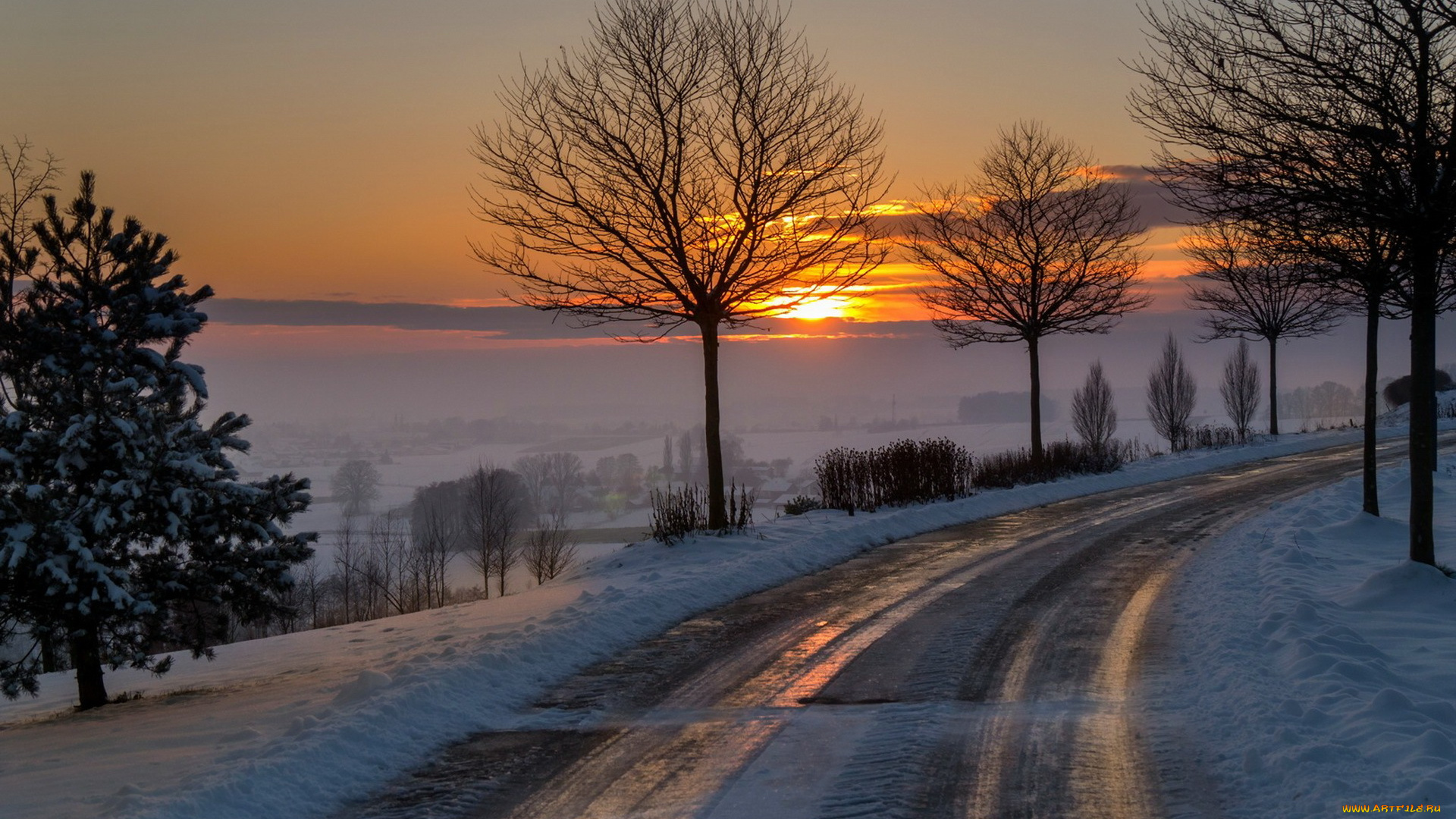 природа, дороги, утро, зима, дорога