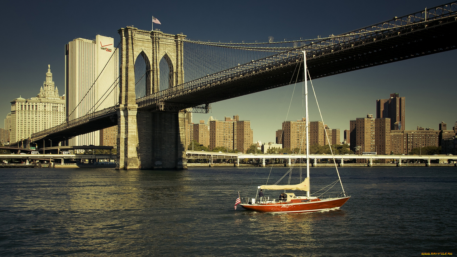 brooklyn, bridge, , new, york, city, корабли, Яхты, brooklyn, bridge, new, york, city, east, river, бруклинский, мост, нью-йорк, ист-ривер, яхта, река, здания