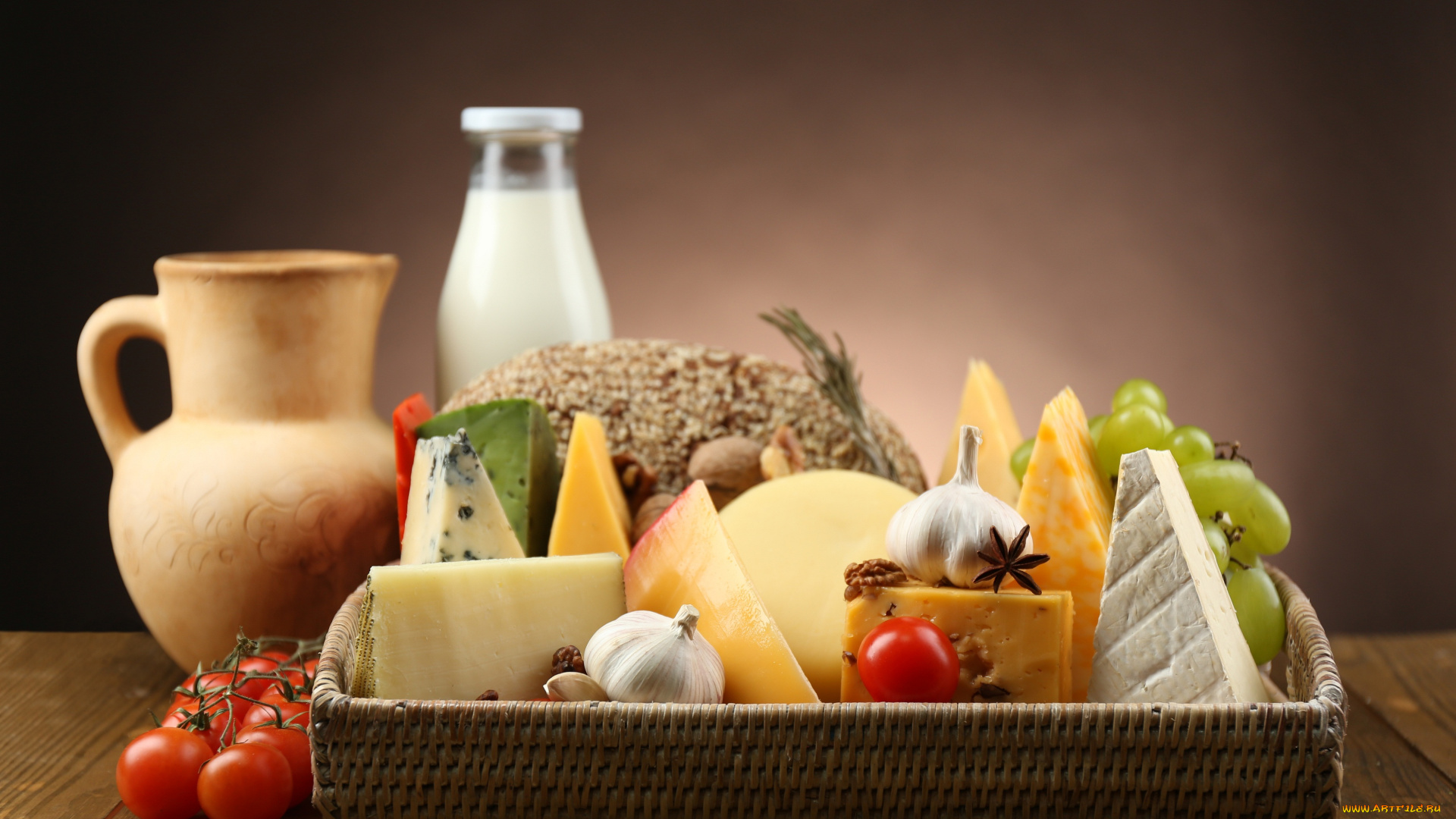 еда, сырные, изделия, виноград, чеснок, сыр, молоко, бадьян, кувшин, помидоры
