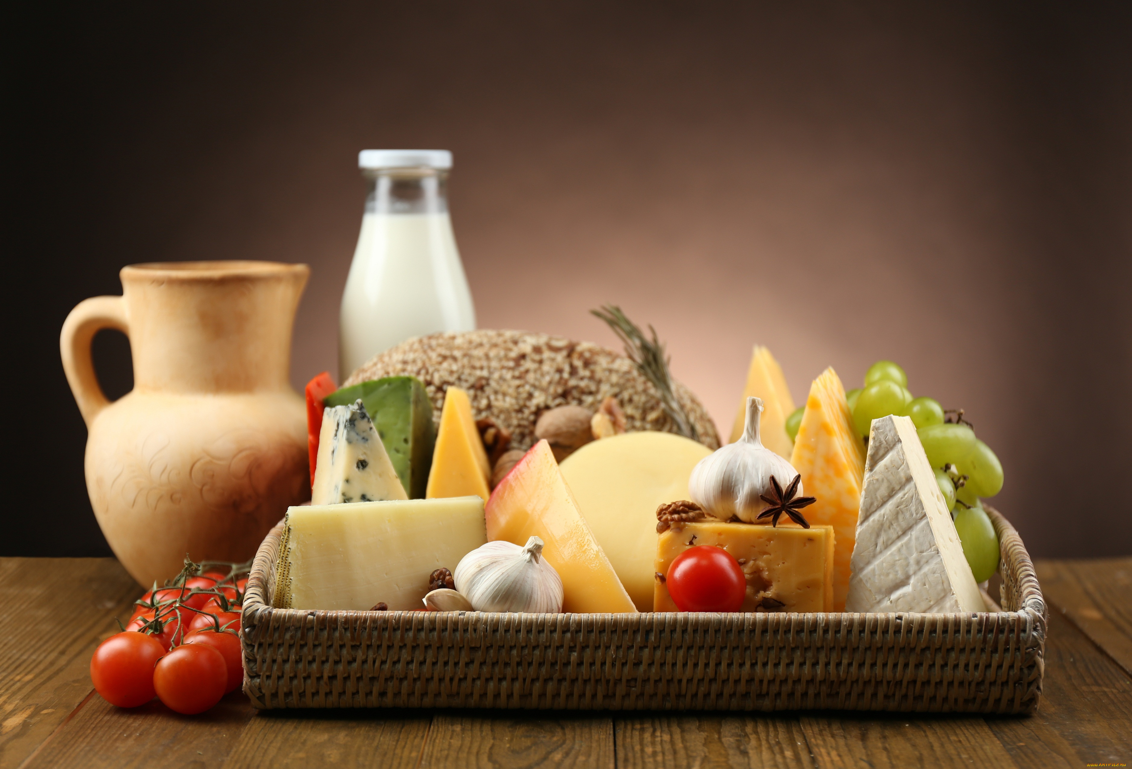 еда, сырные, изделия, виноград, чеснок, сыр, молоко, бадьян, кувшин, помидоры