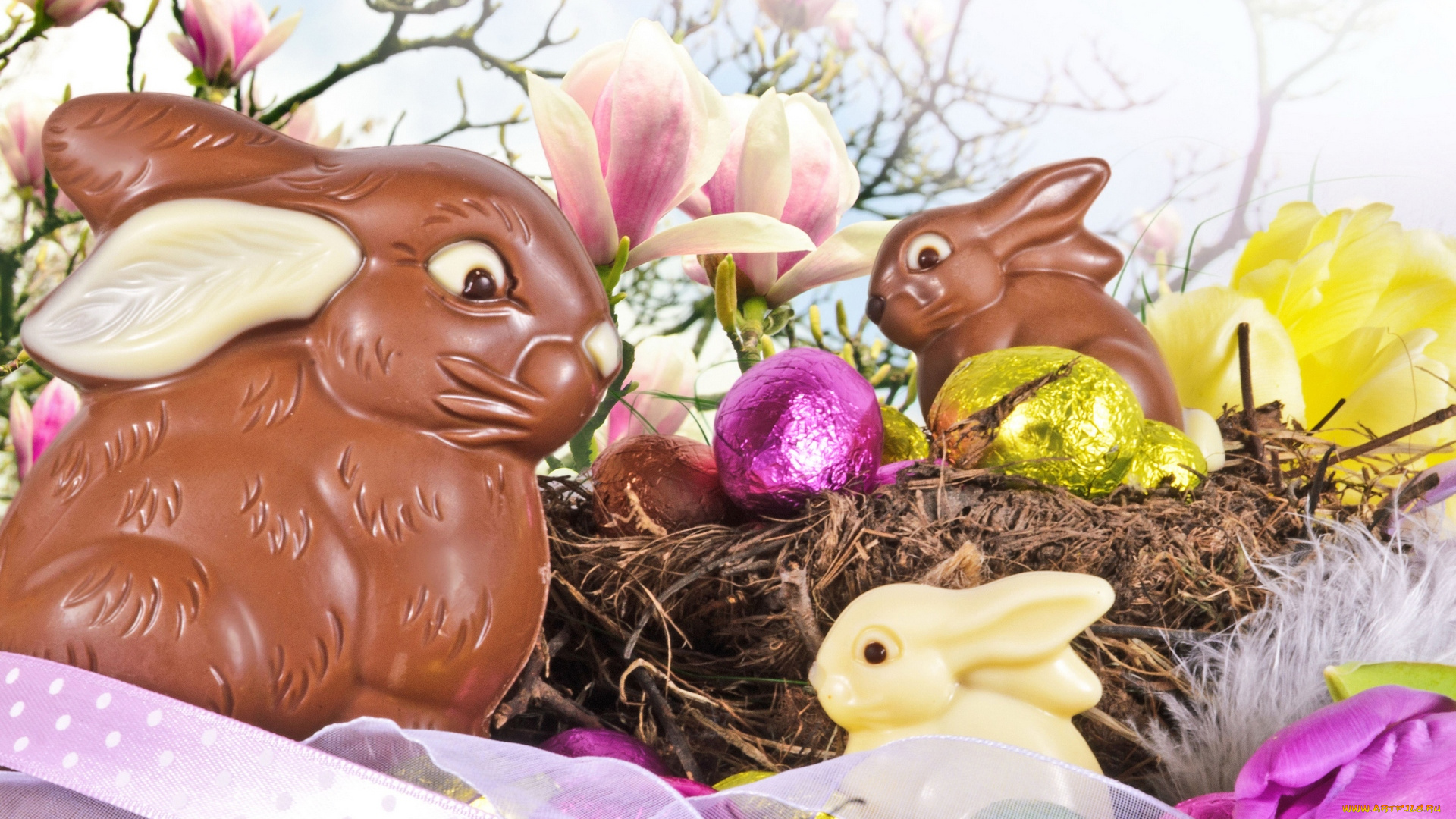 праздничные, пасха, шоколадный, заяц, яйцо, гнездо, лента, цветы