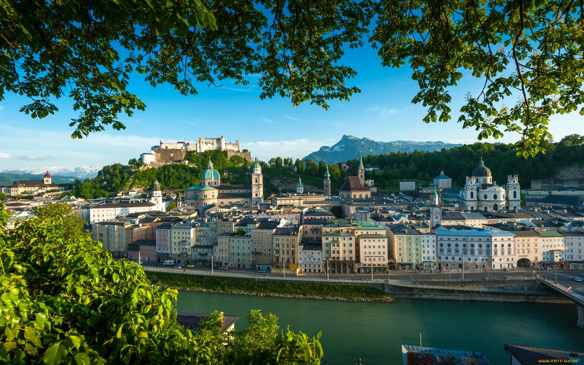 города, зальцбург, , австрия, панорама, река, замок