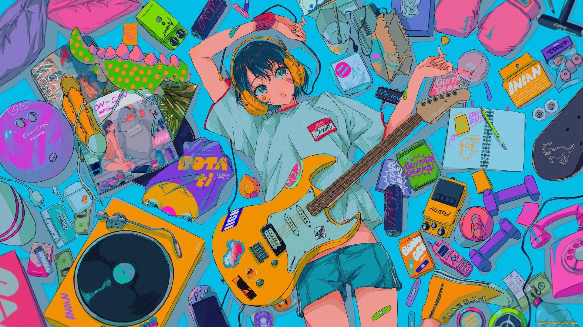 аниме, музыка, девочка, гитара, вещи