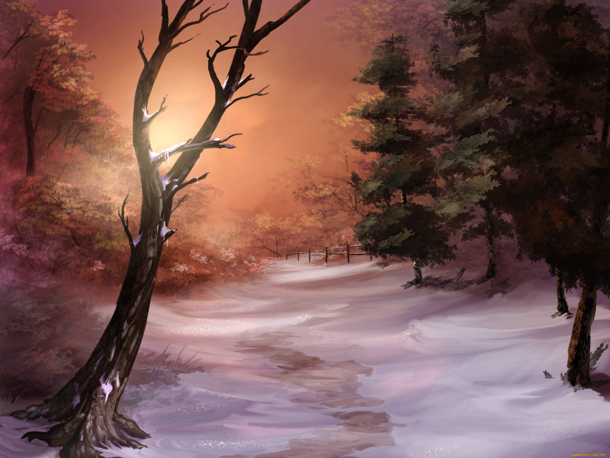 рисованное, природа, деревья, снег