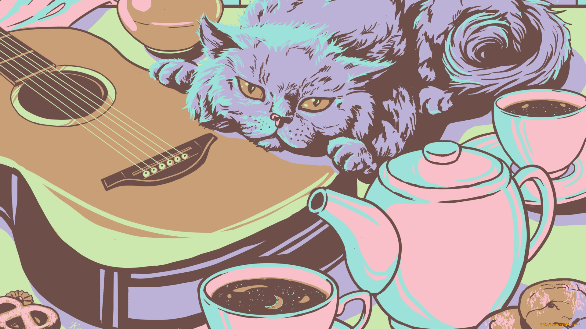 рисованное, животные, , коты, кот, гитара, стол, чайник, чашка, печенье