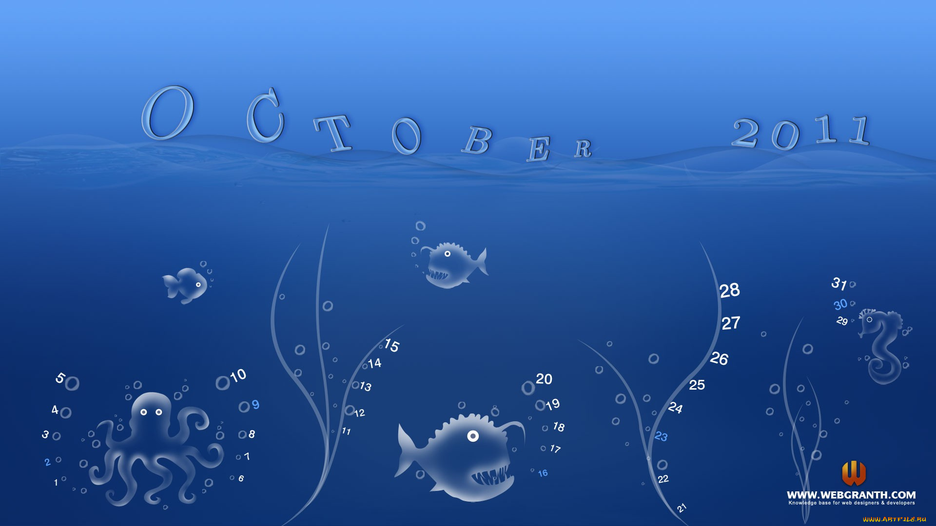 календари, рисованные, векторная, графика, синий, рыбы, октябрь