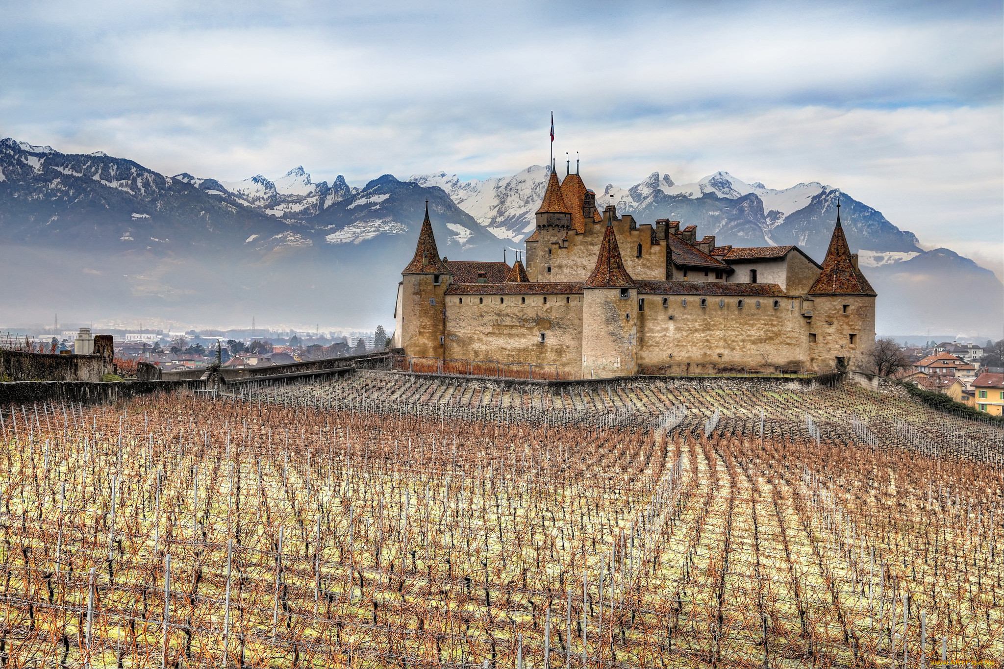 chateau, d`aigle, города, замки, швейцарии, виноградник, горы, замок