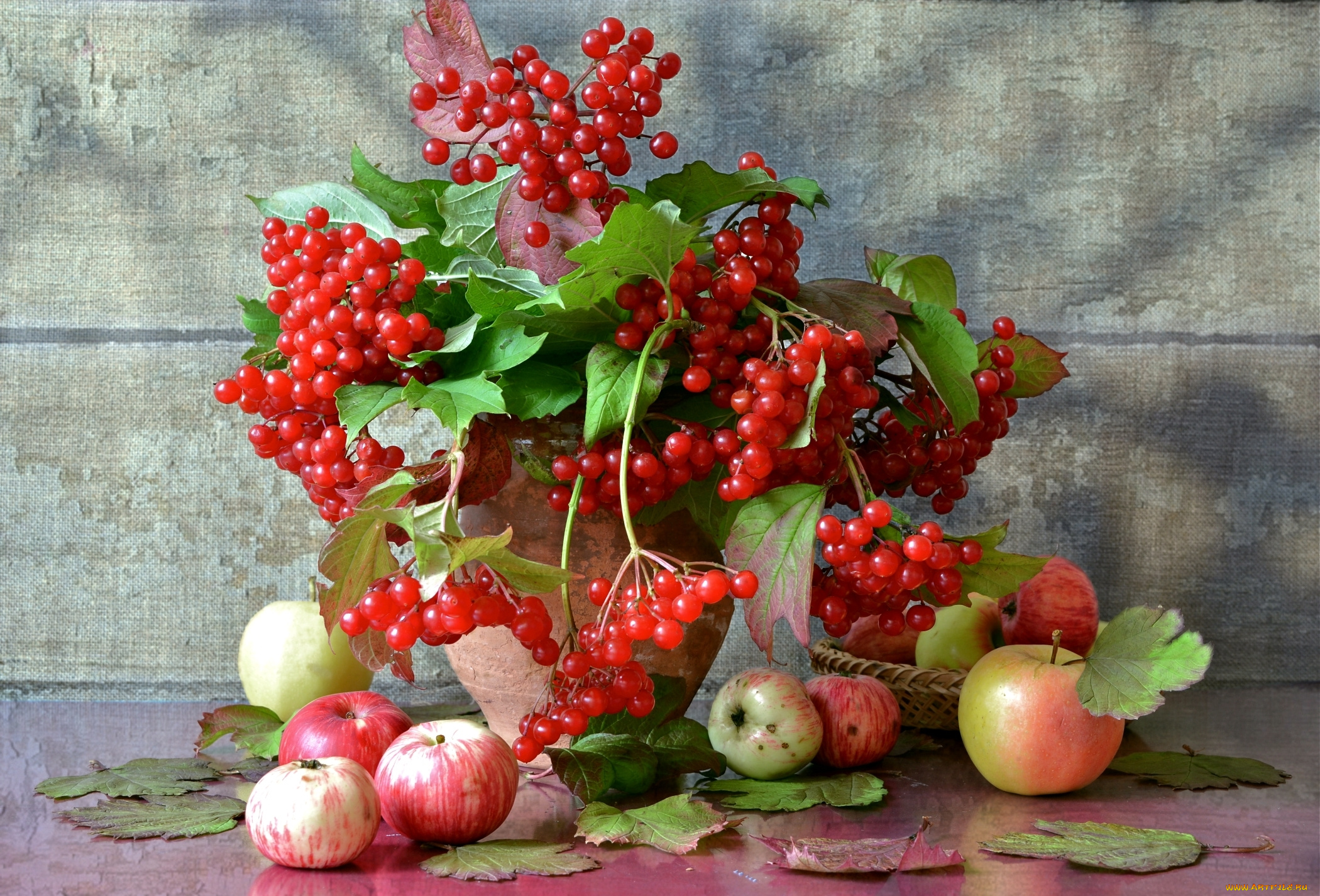 еда, фрукты, , ягоды, осень, натюрморт, яблоки, калина