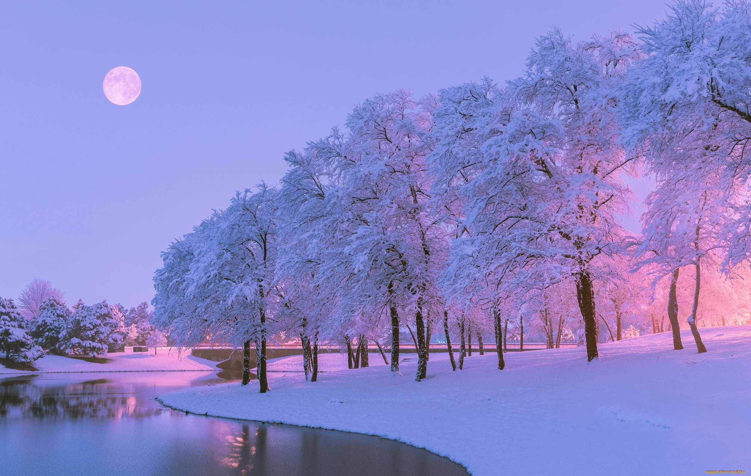 природа, зима, река, снег, деревья, вечер, луна