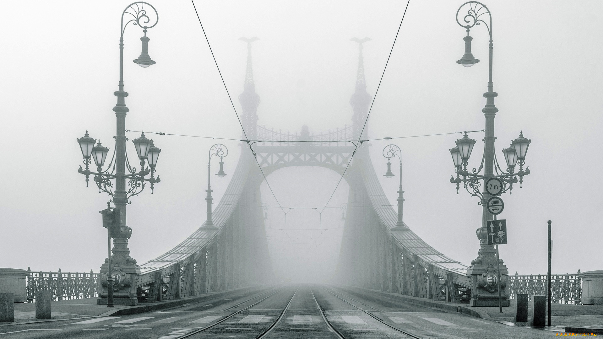 мост, свободы, через, дунай, , будапешт, города, будапешт, , венгрия, фонари, утро, туман, мост