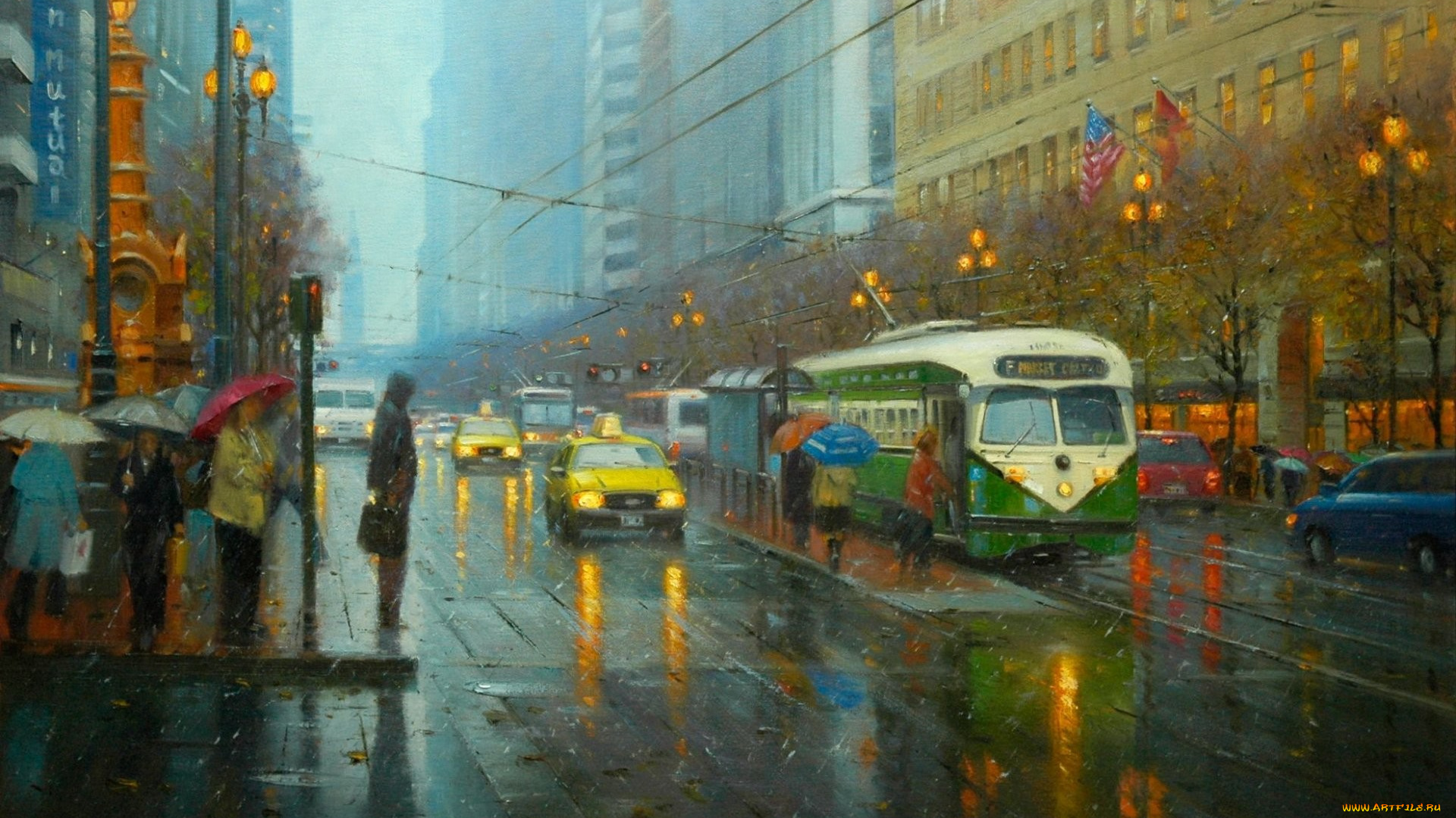 рисованное, живопись, арт, улица, город, дождь, трамвай, люди, зонтики, такси, огни, фонари, светофор