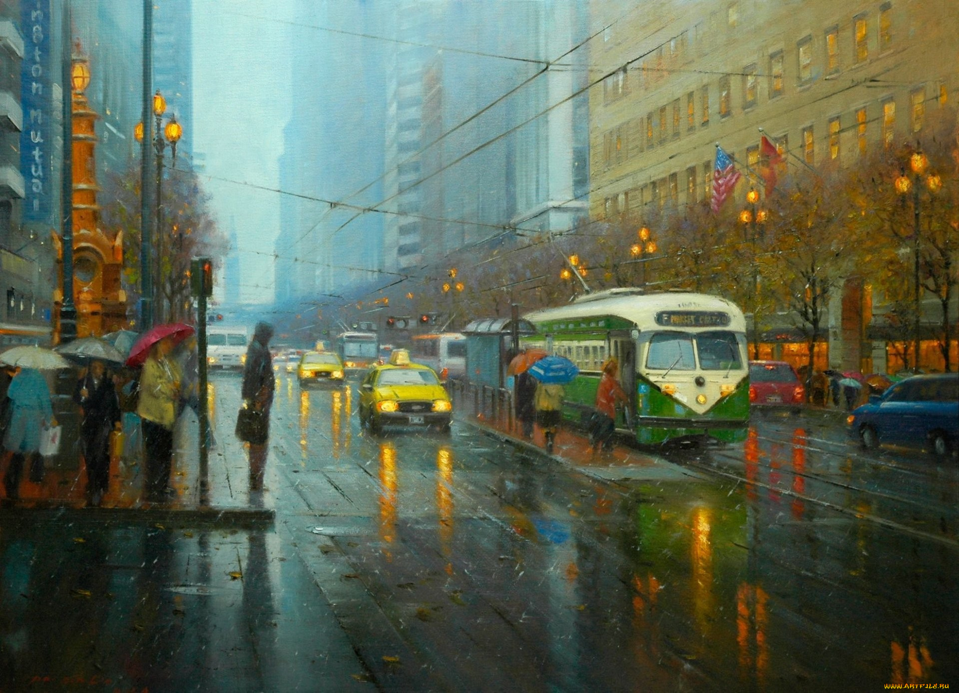рисованное, живопись, арт, улица, город, дождь, трамвай, люди, зонтики, такси, огни, фонари, светофор