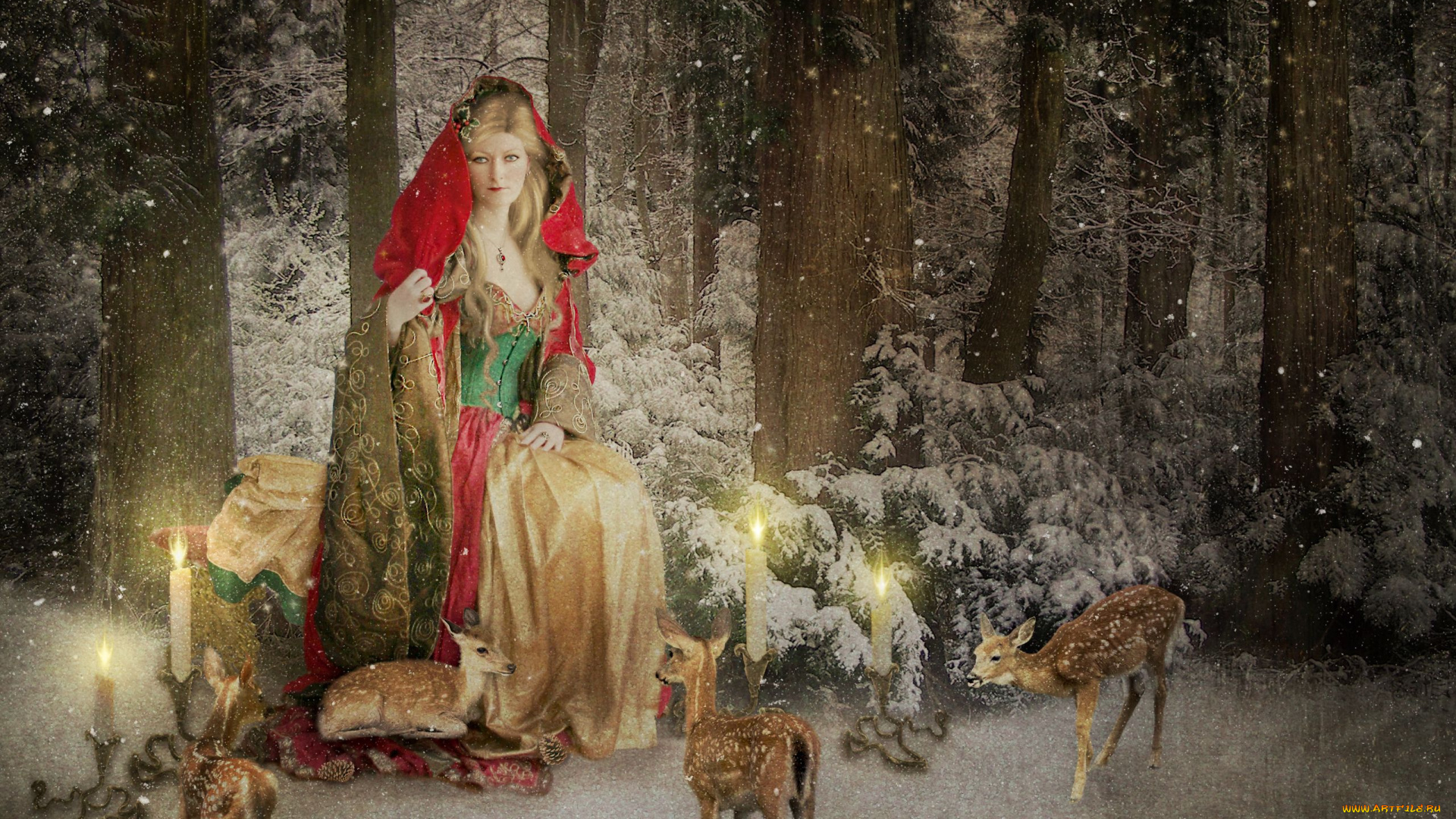 праздничные, разное, новый, год, лес, зима, снег, mrs, claus, свечи, олени, новогодняя, открытка