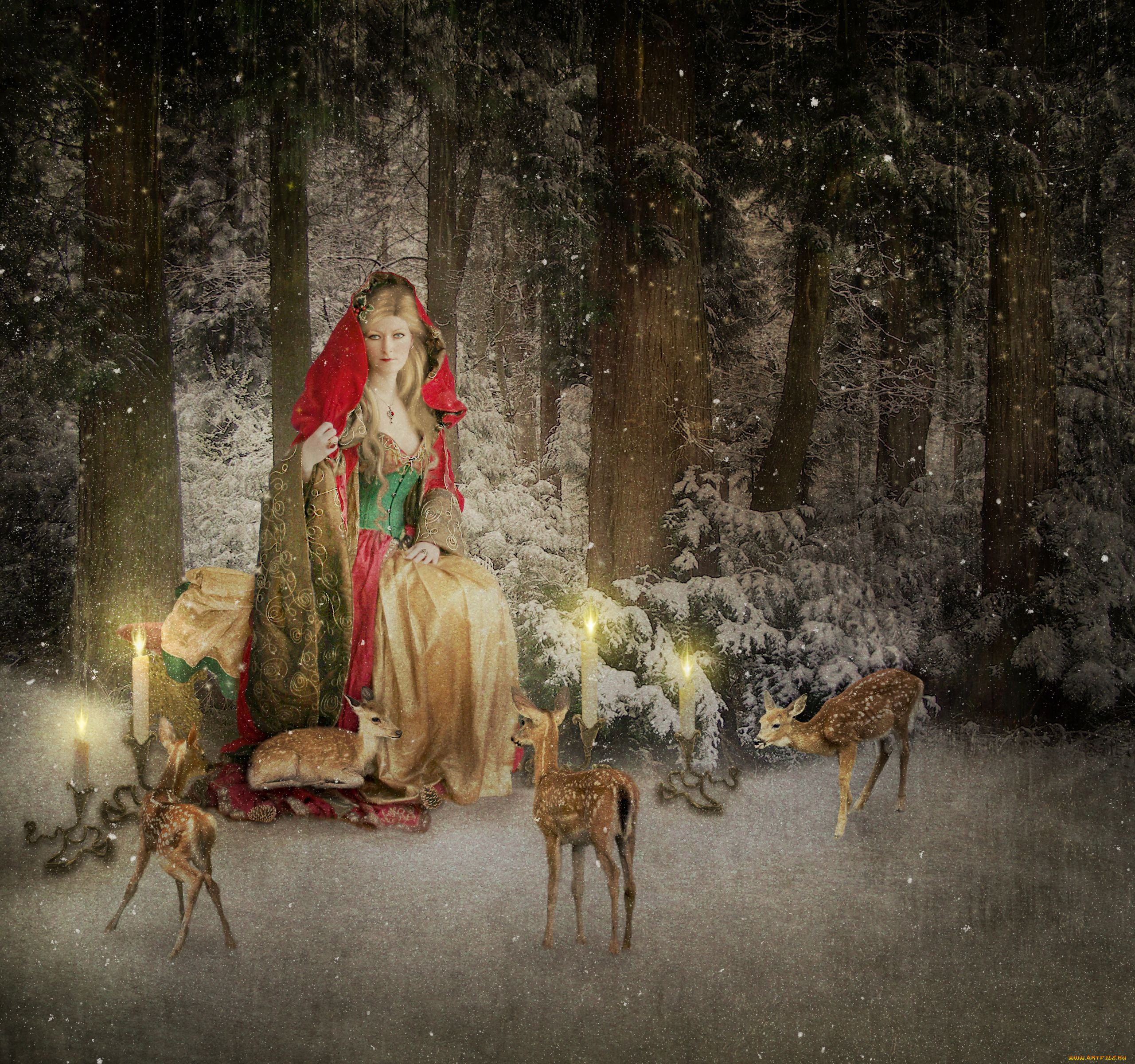 праздничные, разное, новый, год, лес, зима, снег, mrs, claus, свечи, олени, новогодняя, открытка