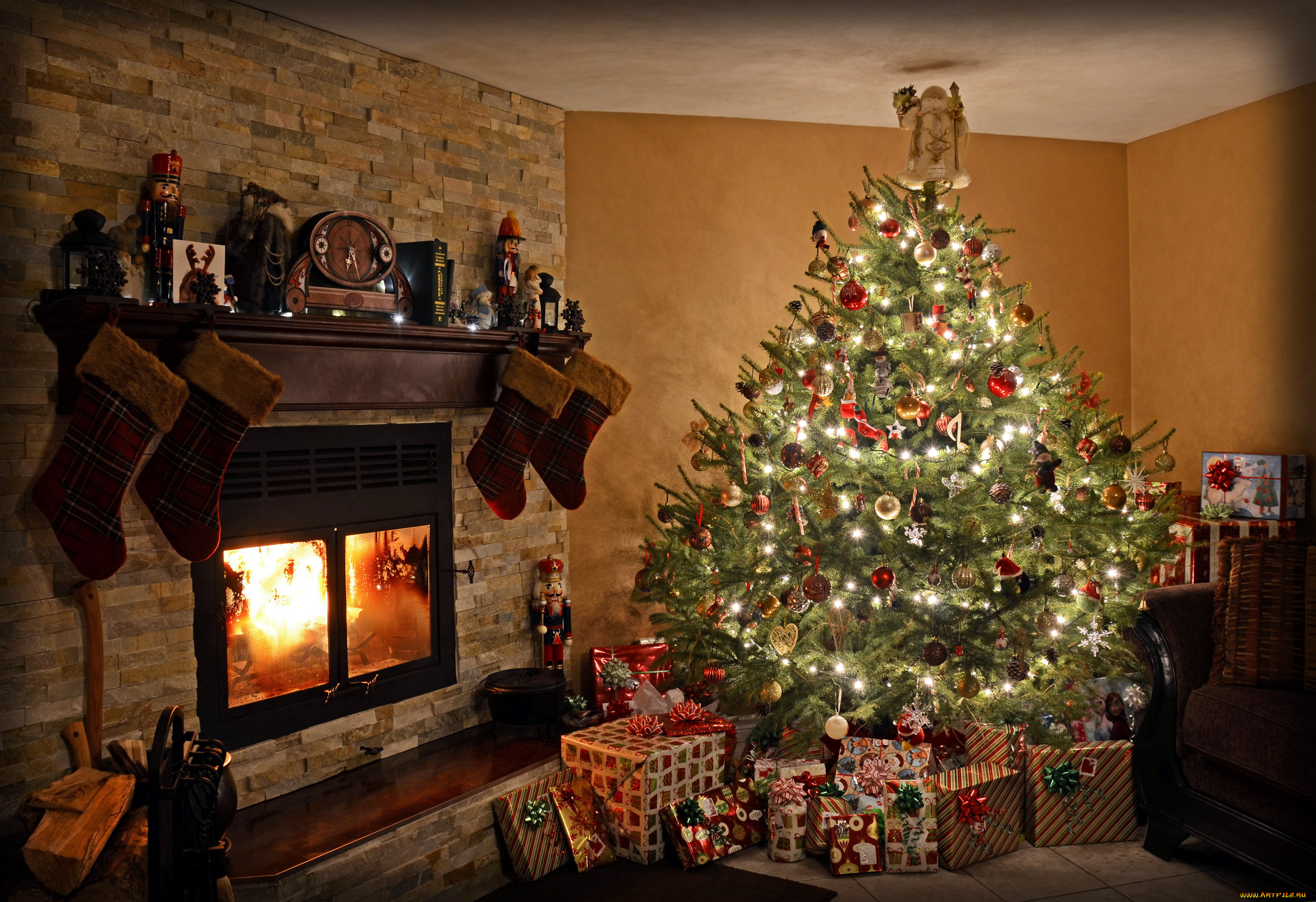 праздничные, новогодний, очаг, елка, камин, украшения