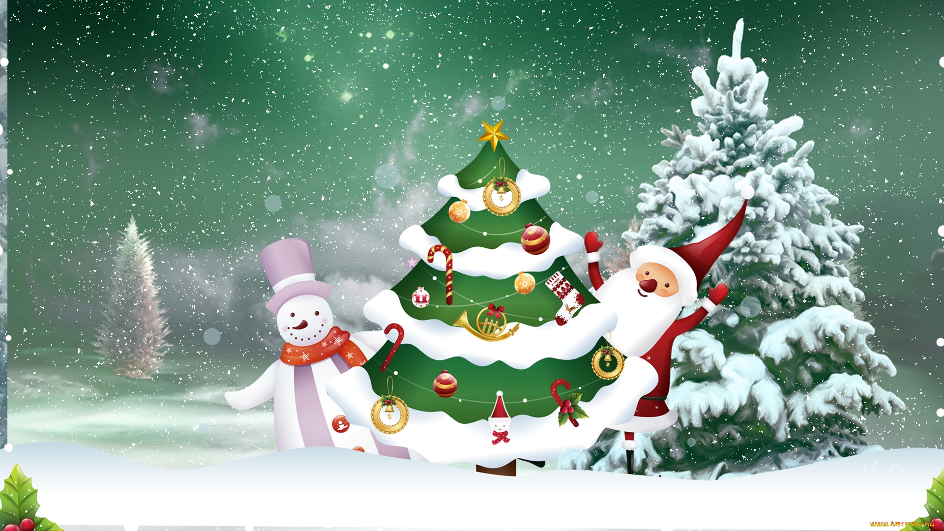 праздничные, векторная, графика, , новый, год, дед, мороз, елка, снеговик