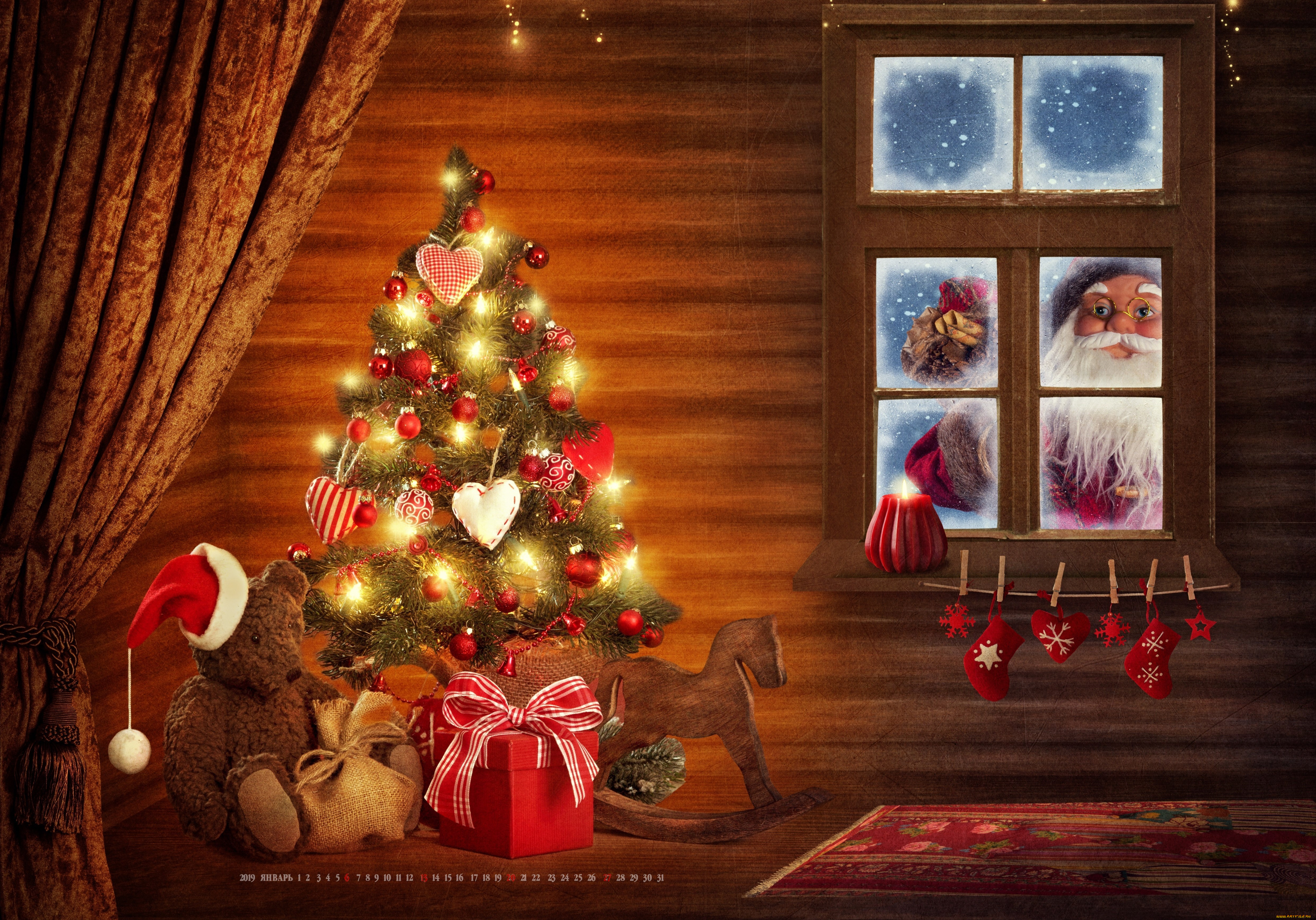 календари, праздники, , салюты, медведь, игрушка, окно, гирлянда, елка