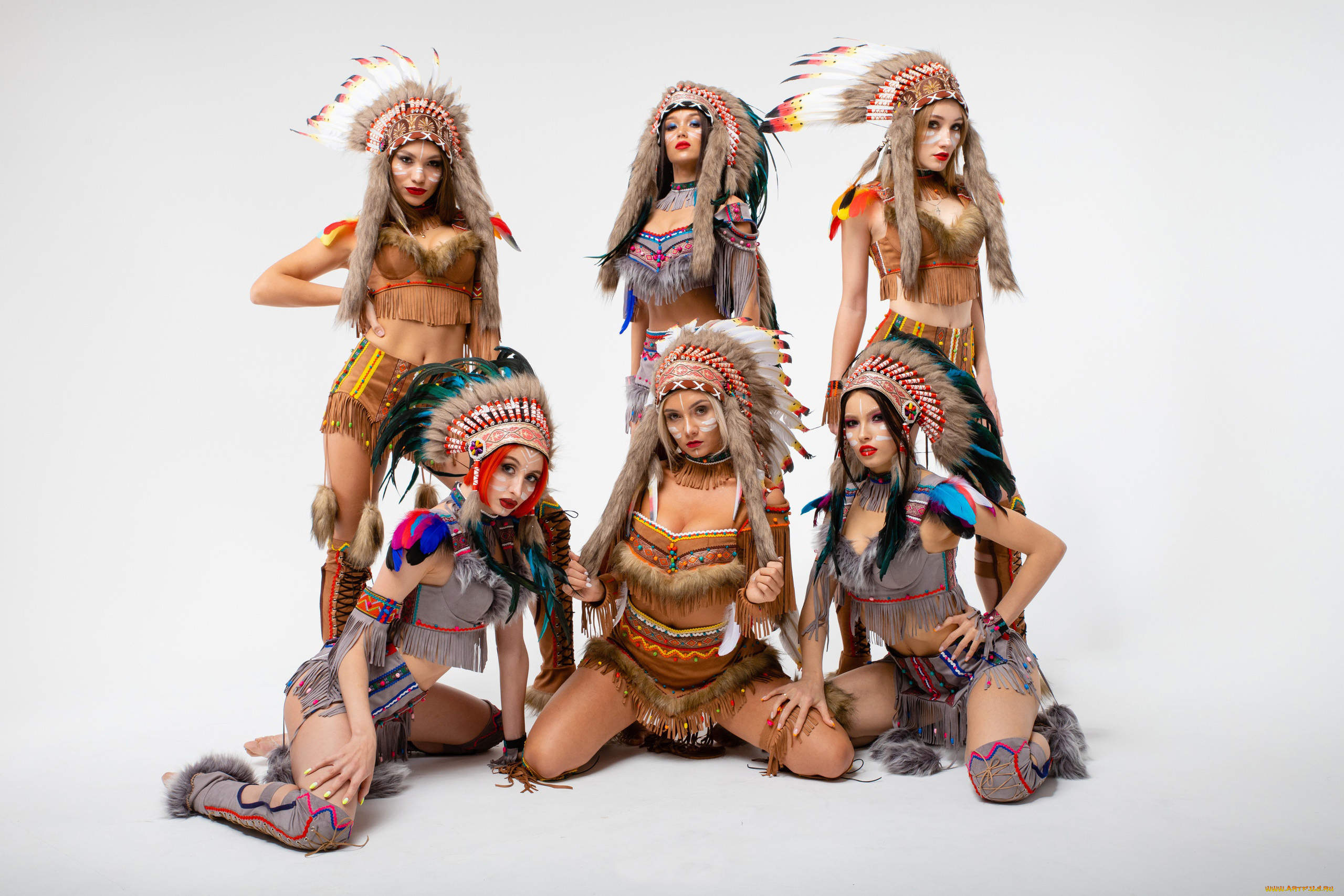 девушки, -unsort, , группа, девушек, перья, костюм, индейца