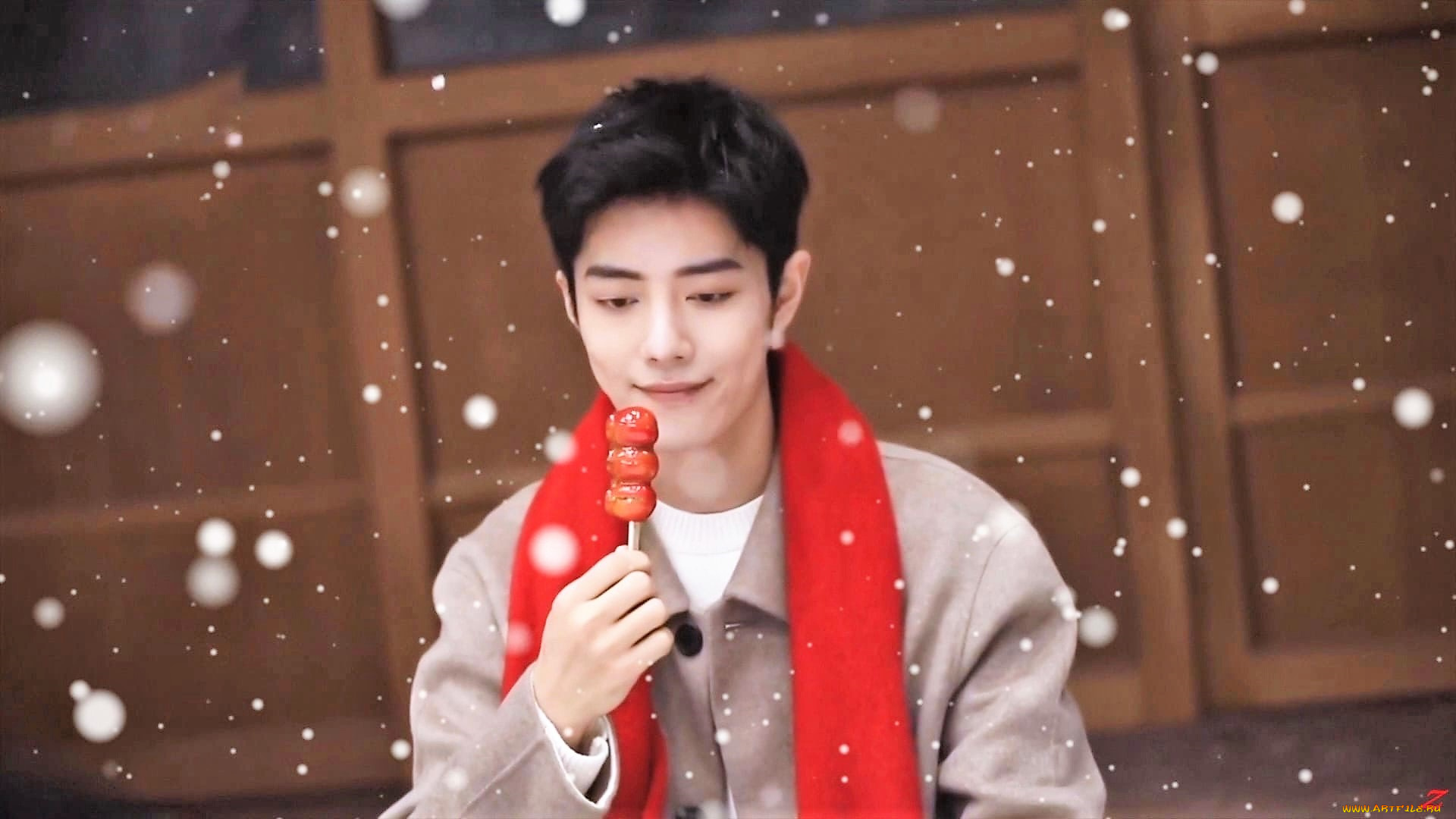 мужчины, xiao, zhan, актер, шарф, пальто, снег, конфета