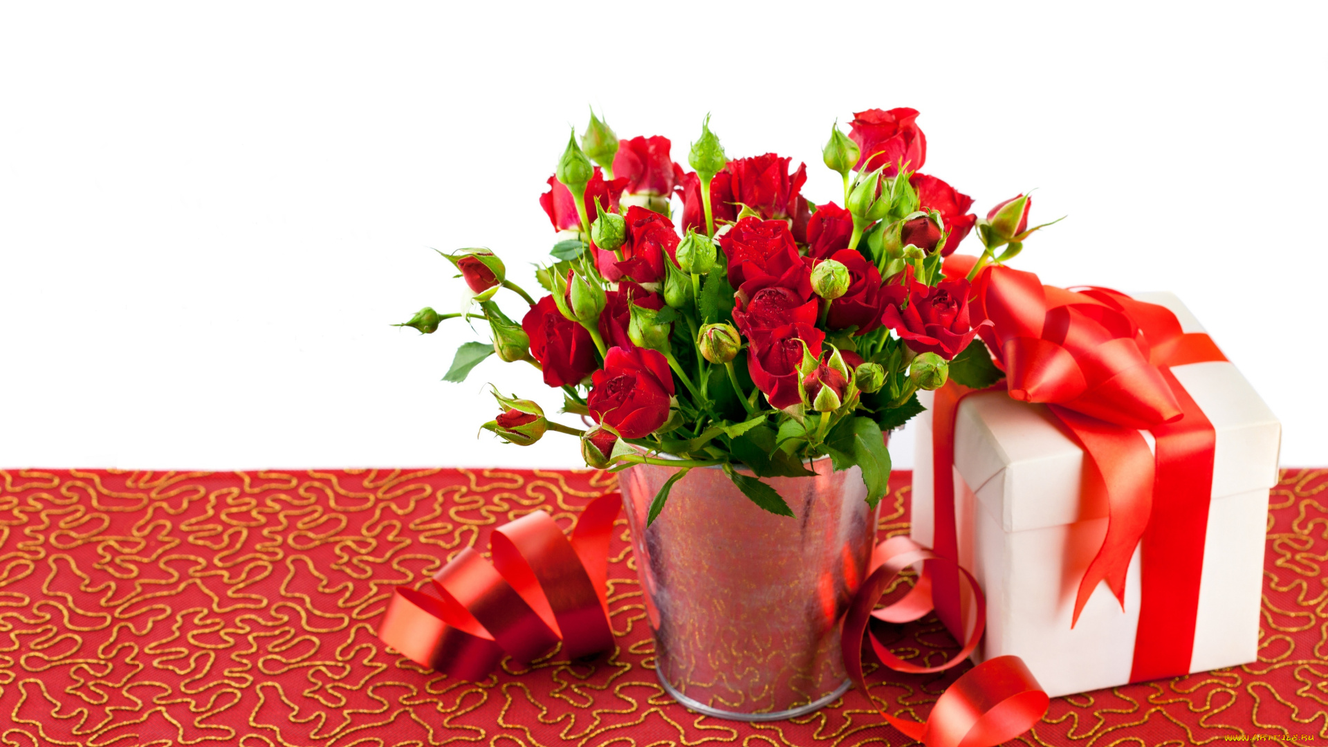 цветы, розы, бутоны, подарок, коробка, ведёрко