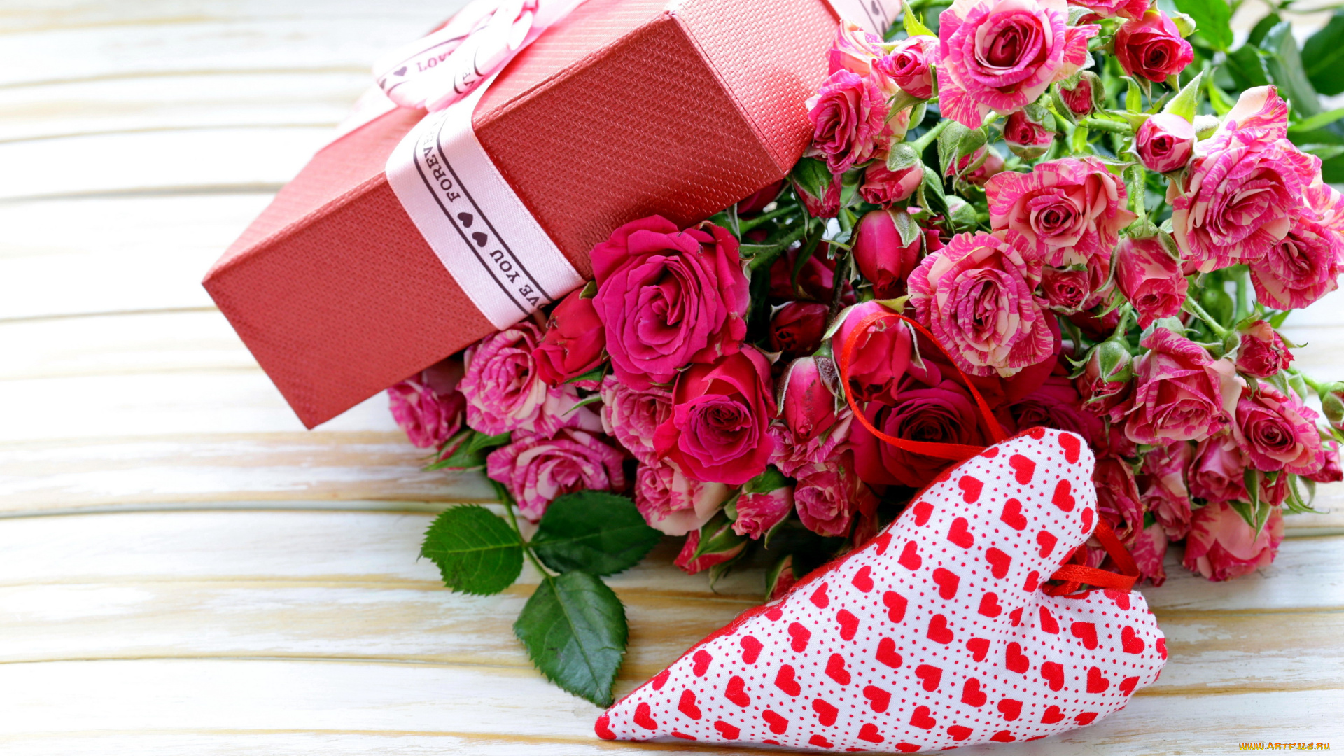 праздничные, день, святого, валентина, , сердечки, , любовь, сердечко, букет, розы, коробка, подарок