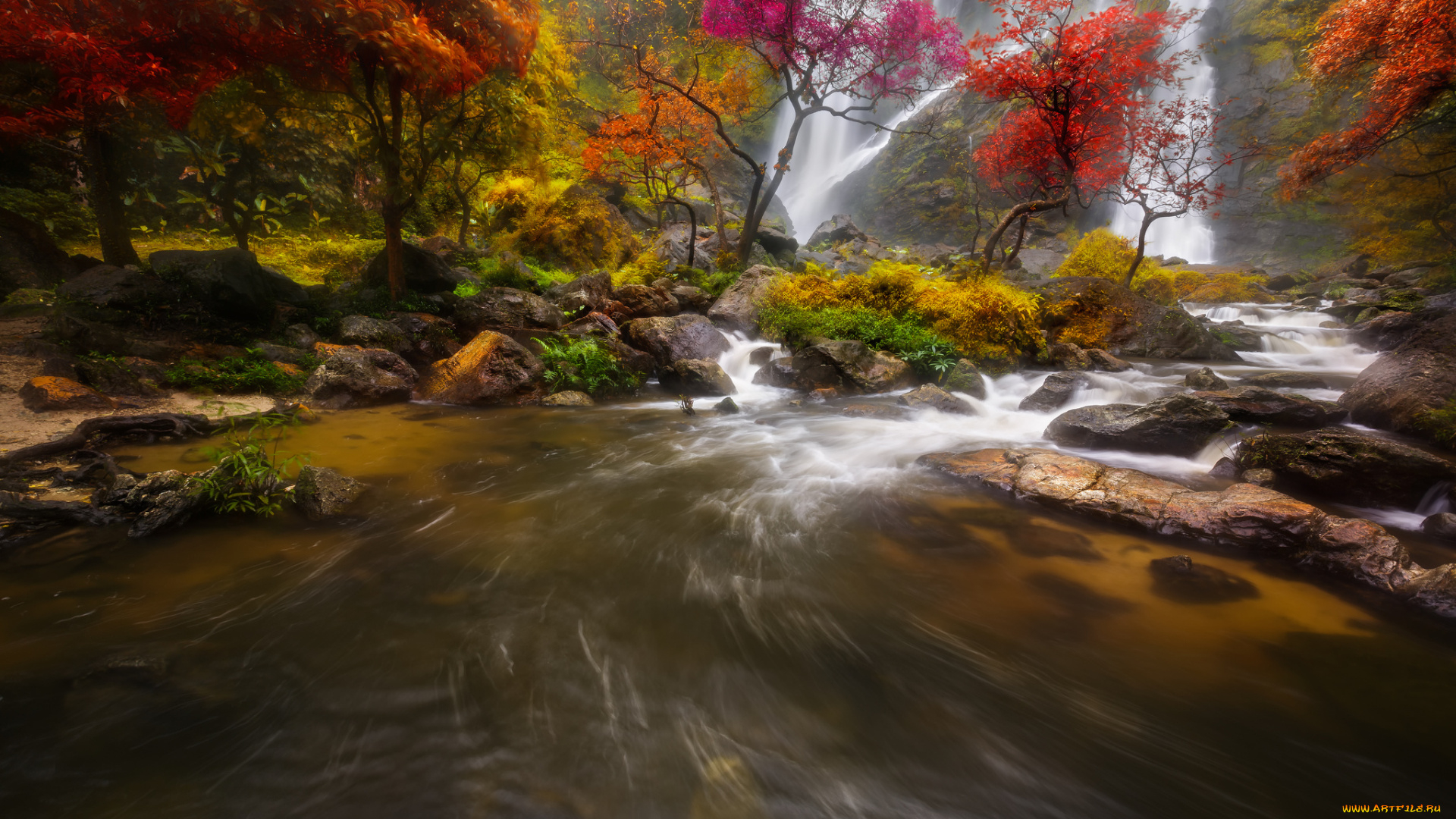 природа, водопады, скала, лес, река, камни, деревья, осень