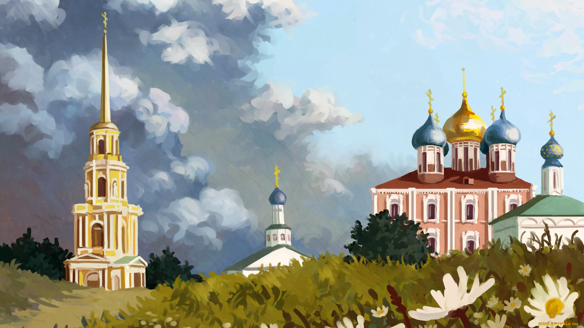 рисованное, религия, цветы, облака, церковь