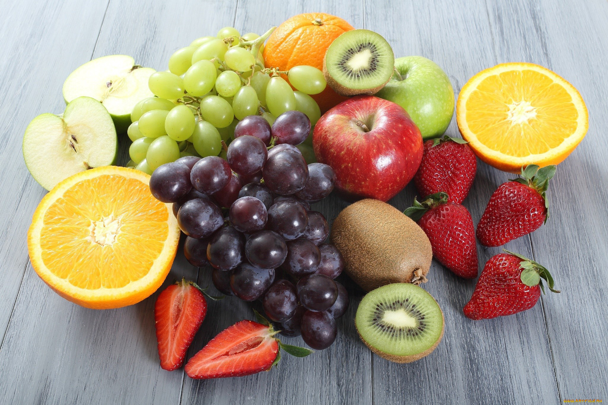 еда, фрукты, , ягоды, киви, лимон, апельсин, яблоки, клубника, виноград