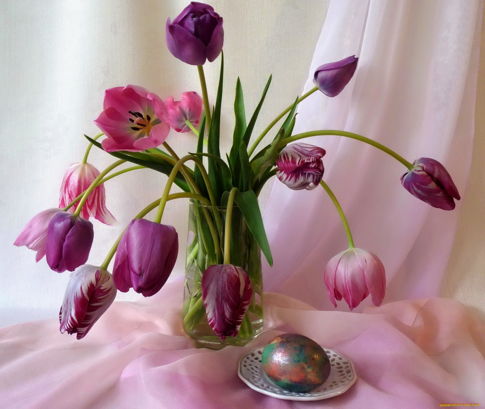 цветы, тюльпаны, яйцо, ваза
