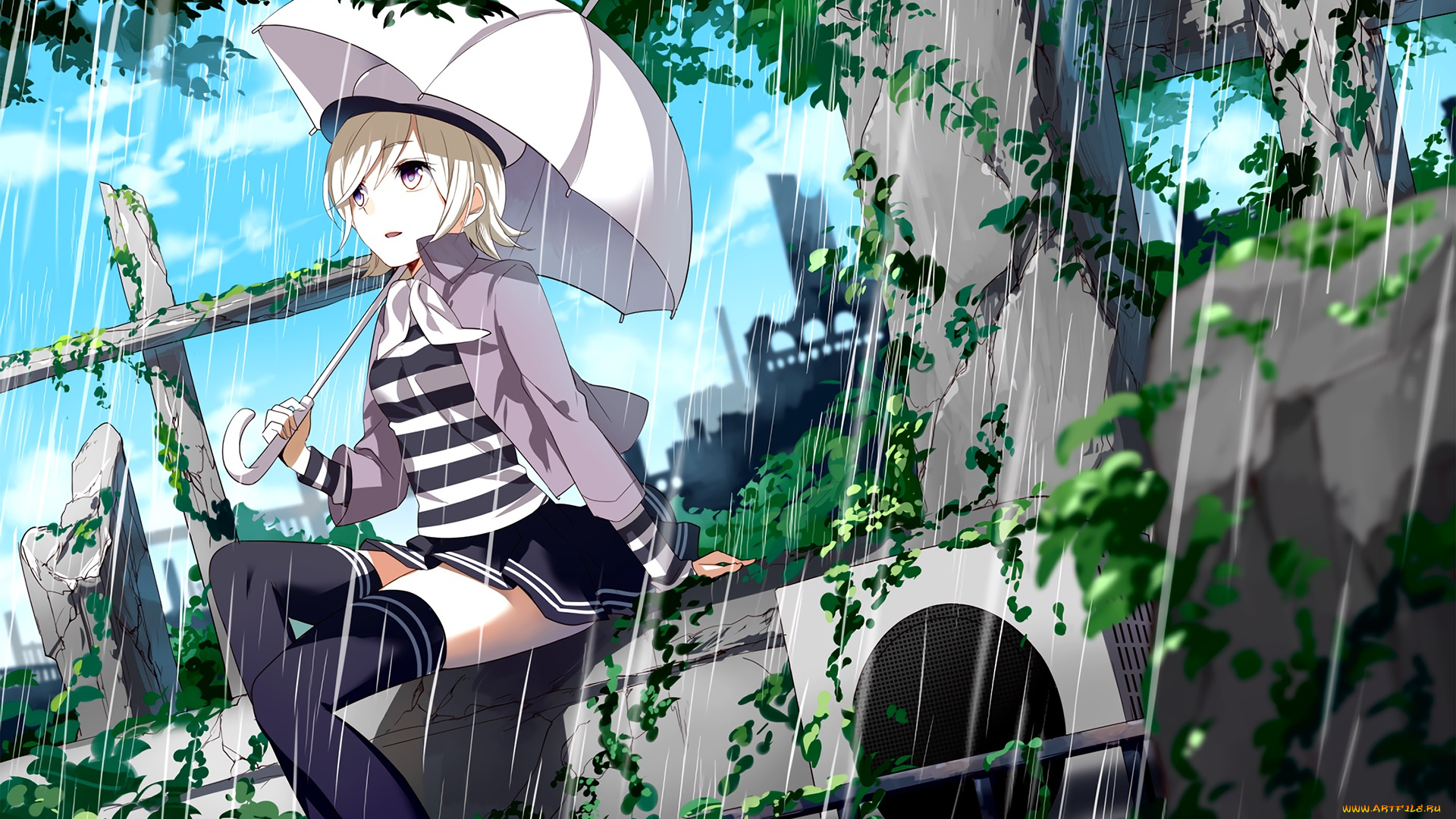 аниме, vocaloid, девушка, взгляд, фон, зонтик, дождь