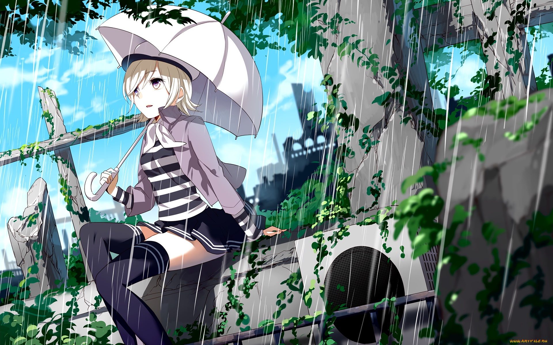 аниме, vocaloid, девушка, взгляд, фон, зонтик, дождь