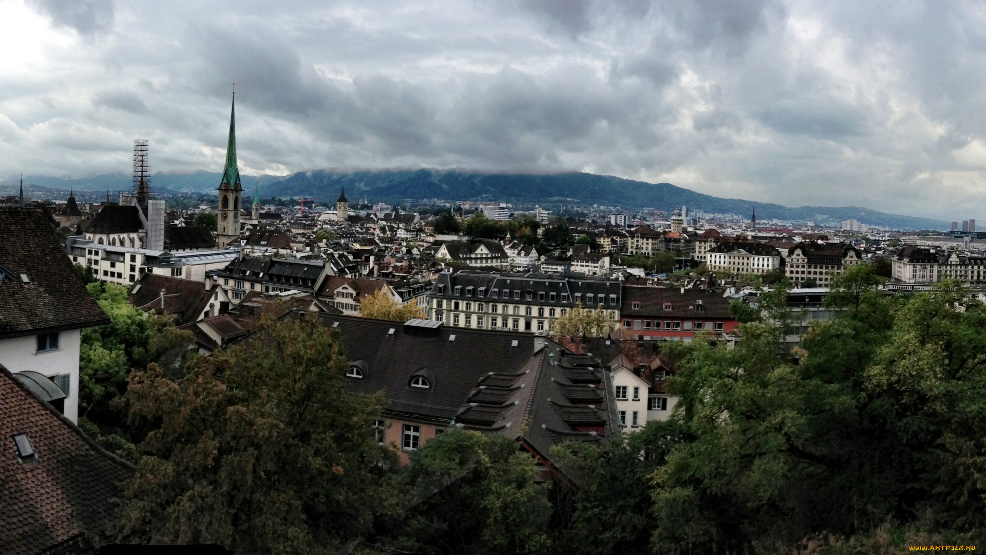 города, цюрих, швейцария, панорама, вид, сверху